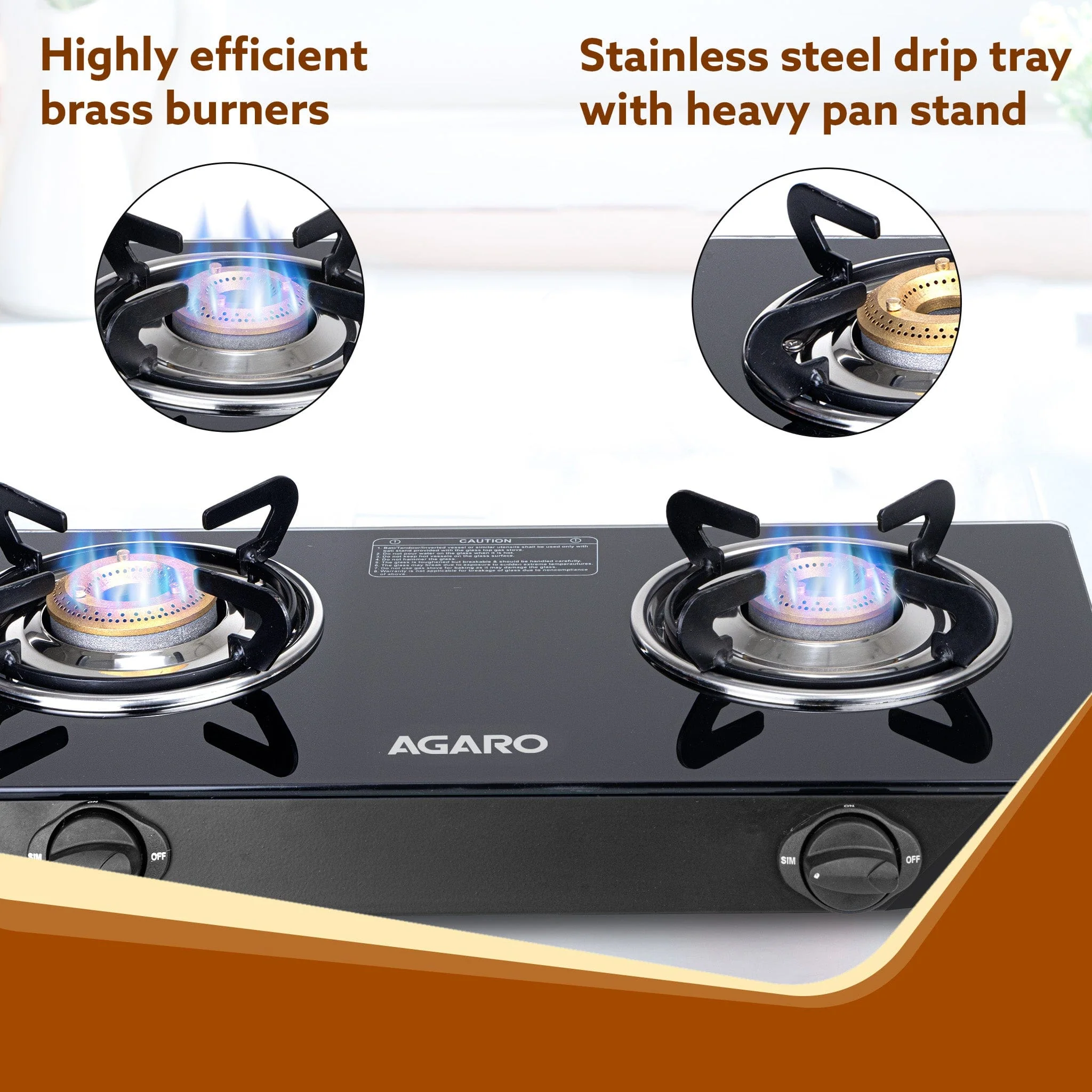 Elite 2 Burners Gas Stove, Toughened Glass Top, Round Brass Burners, 1 Small & 1 Medium Size Burner, Spill Proof Fixed Drip Tray, Manual Ignition, Kitchen Use, Regular Cooking Use, Black - Image 4
