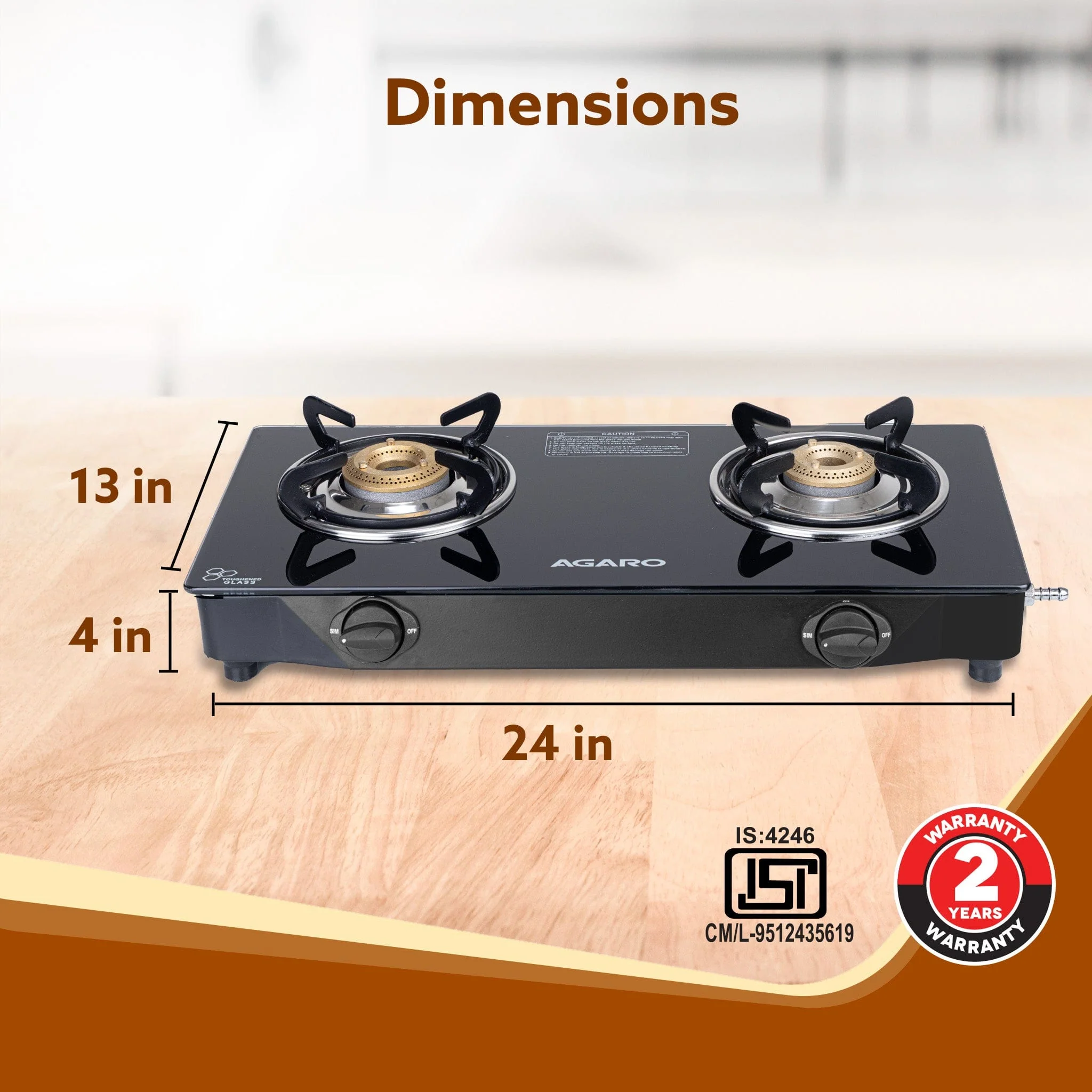Elite 2 Burners Gas Stove, Toughened Glass Top, Round Brass Burners, 1 Small & 1 Medium Size Burner, Spill Proof Fixed Drip Tray, Manual Ignition, Kitchen Use, Regular Cooking Use, Black - Image 6