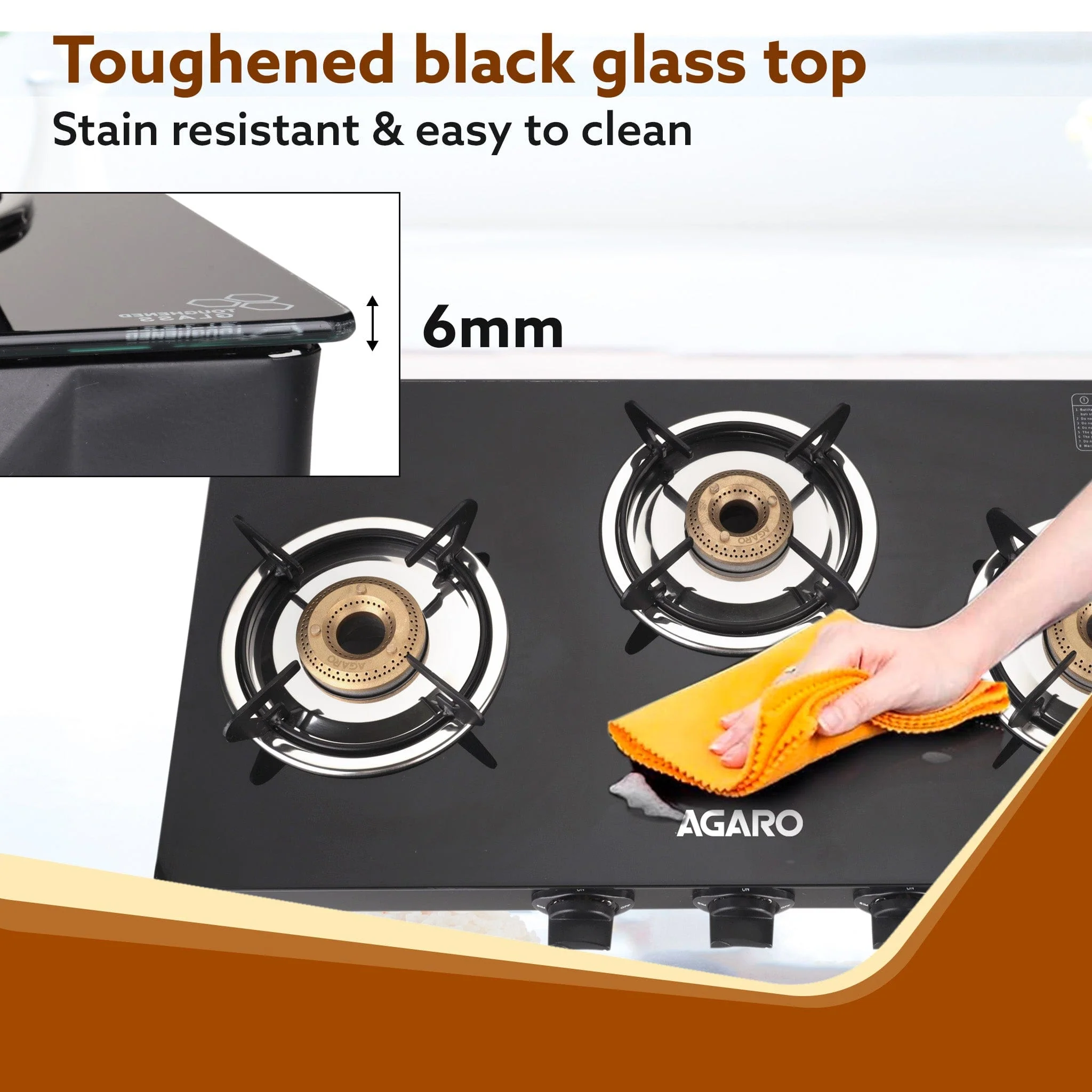 Elite 3 Burners Gas Stove, Toughened Glass Top, Round Brass Burners, 1 Small, 1 Medium & 1 Big Size Burner, Spill Proof Fixed Drip Tray, Manual Ignition, Kitchen Use, Regular Cooking Use, Black - Image 3