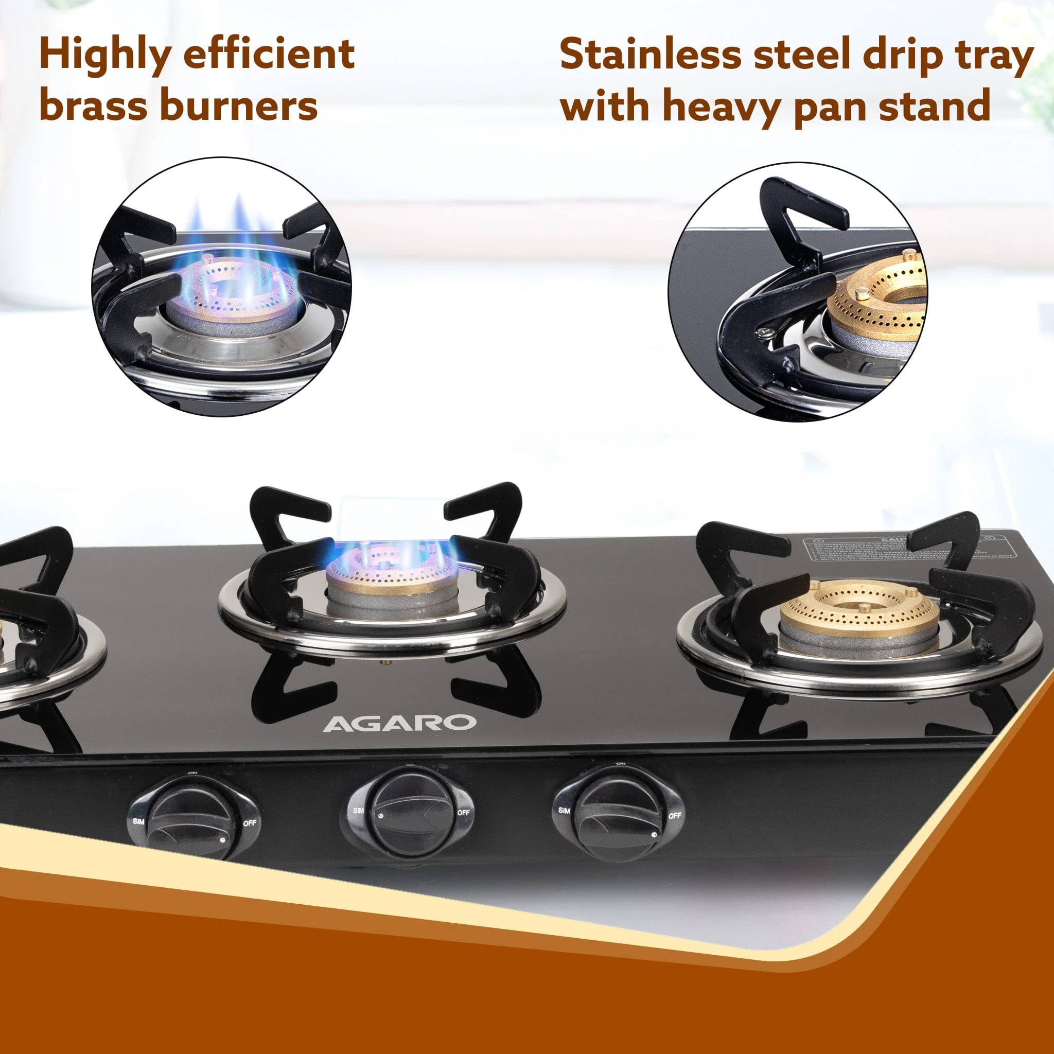 Elite 3 Burners Gas Stove, Toughened Glass Top, Round Brass Burners, 1 Small, 1 Medium & 1 Big Size Burner, Spill Proof Fixed Drip Tray, Manual Ignition, Kitchen Use, Regular Cooking Use, Black - Image 4