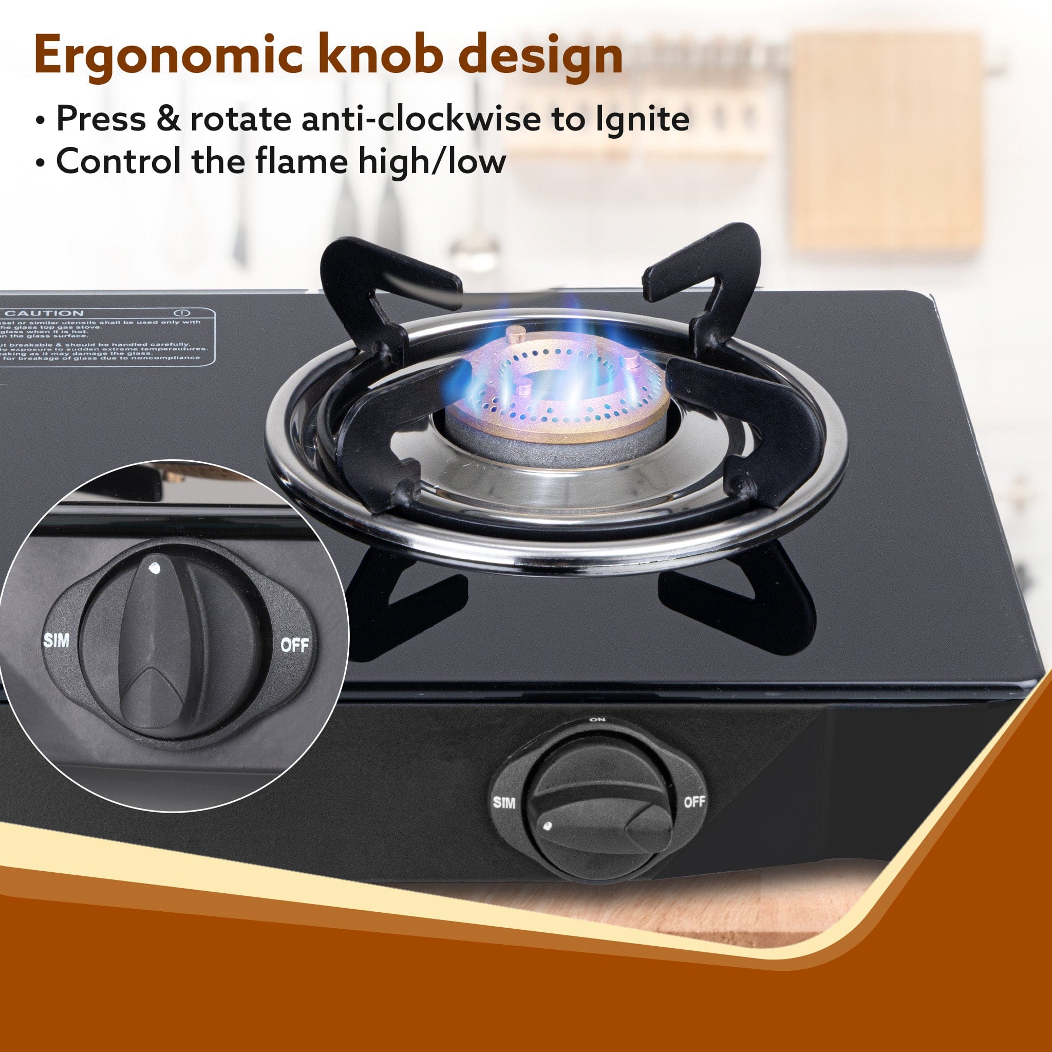 Elite 3 Burners Gas Stove, Toughened Glass Top, Round Brass Burners, 1 Small, 1 Medium & 1 Big Size Burner, Spill Proof Fixed Drip Tray, Manual Ignition, Kitchen Use, Regular Cooking Use, Black - Image 5