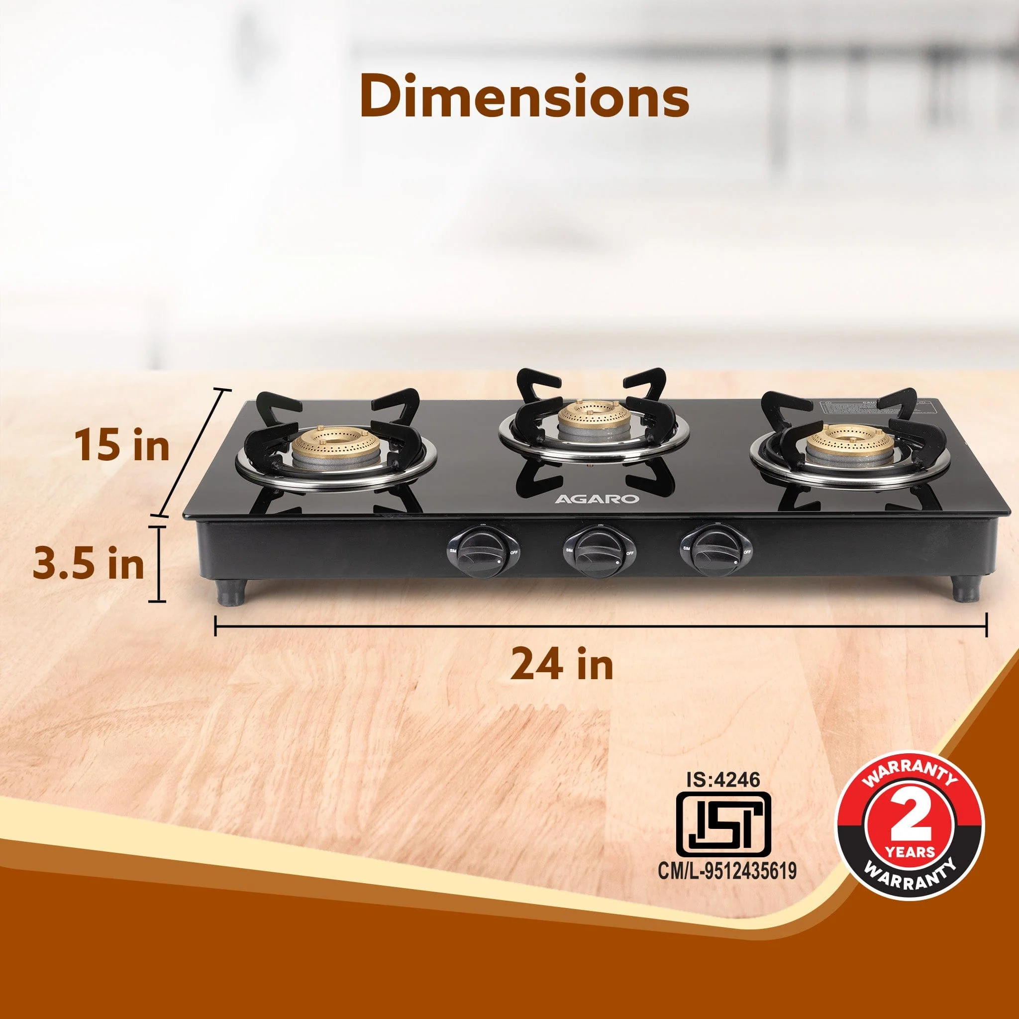 Elite 3 Burners Gas Stove, Toughened Glass Top, Round Brass Burners, 1 Small, 1 Medium & 1 Big Size Burner, Spill Proof Fixed Drip Tray, Manual Ignition, Kitchen Use, Regular Cooking Use, Black - Image 6