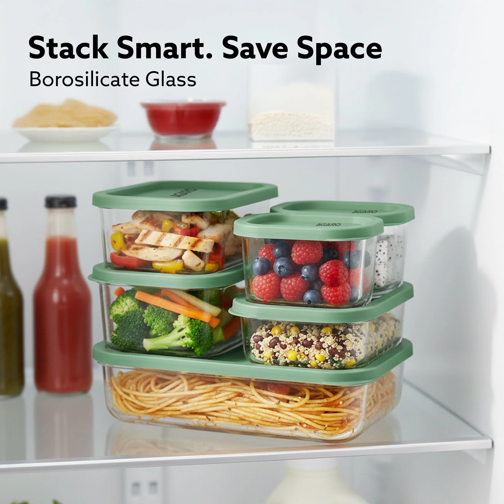Elite Borosilicate Glass Container 6 Pcs Set, Fridge Stackable Storage Organizer, 310ml x2, 520ml x2, 750ml, 1200ml, Microwave Safe, BPA Free Kitchen Boxes, Store Cooked Food, Fruits, Snacks - Image 3