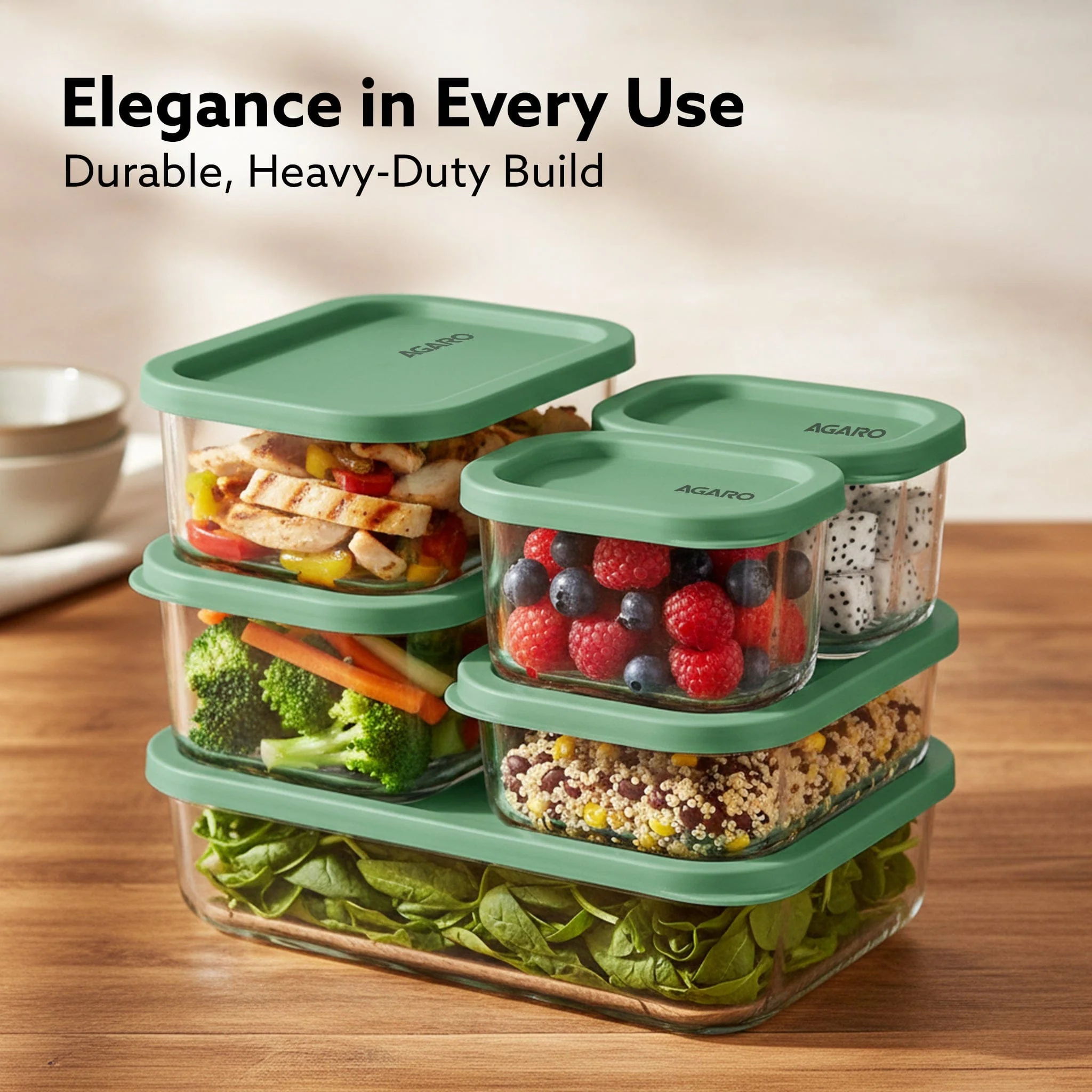 Elite Borosilicate Glass Container 6 Pcs Set, Fridge Stackable Storage Organizer, 310ml x2, 520ml x2, 750ml, 1200ml, Microwave Safe, BPA Free Kitchen Boxes, Store Cooked Food, Fruits, Snacks - Image 4