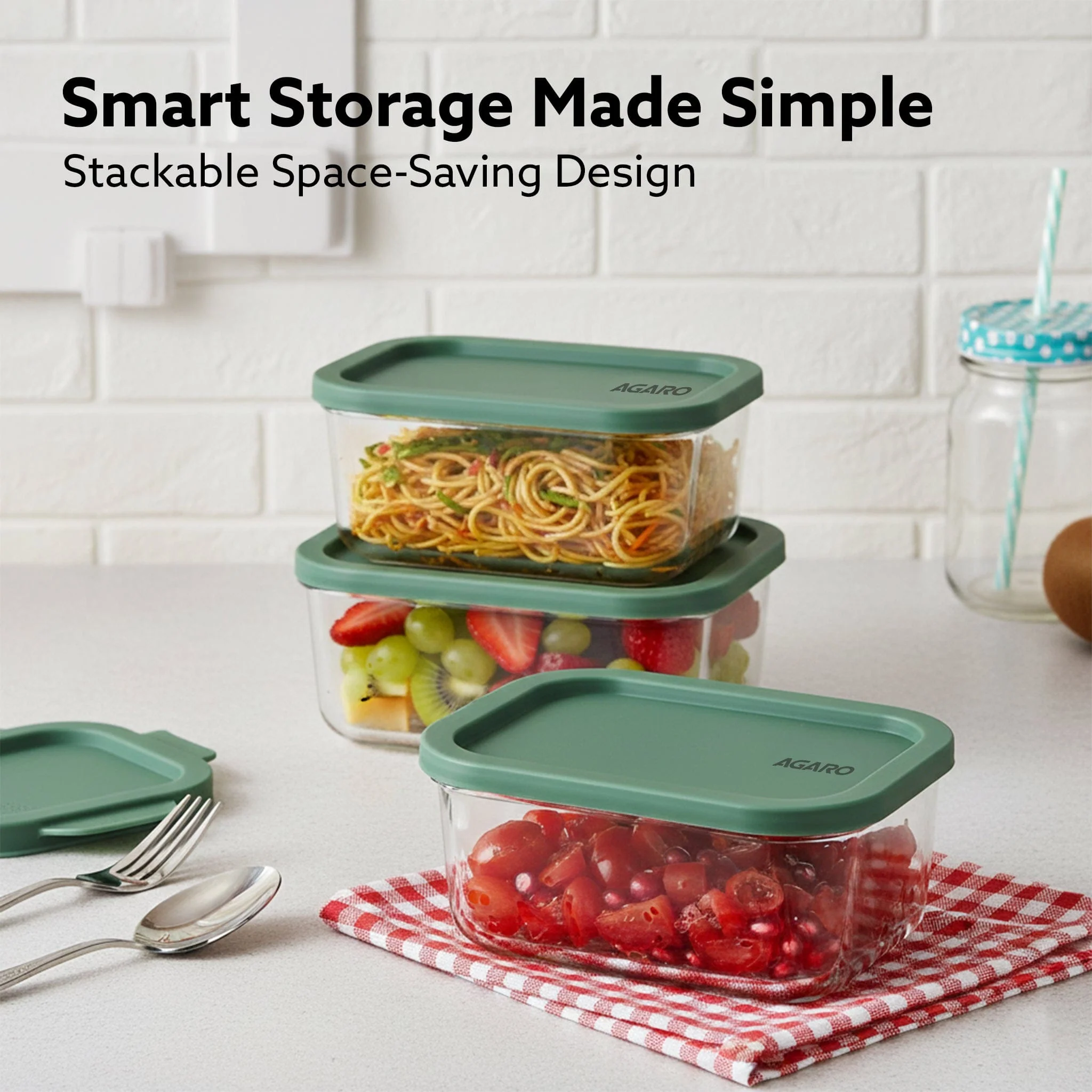 Elite Borosilicate Glass Container 6 Pcs Set, Fridge Stackable Storage Organizer, 310ml x2, 520ml x2, 750ml, 1200ml, Microwave Safe, BPA Free Kitchen Boxes, Store Cooked Food, Fruits, Snacks - Image 5