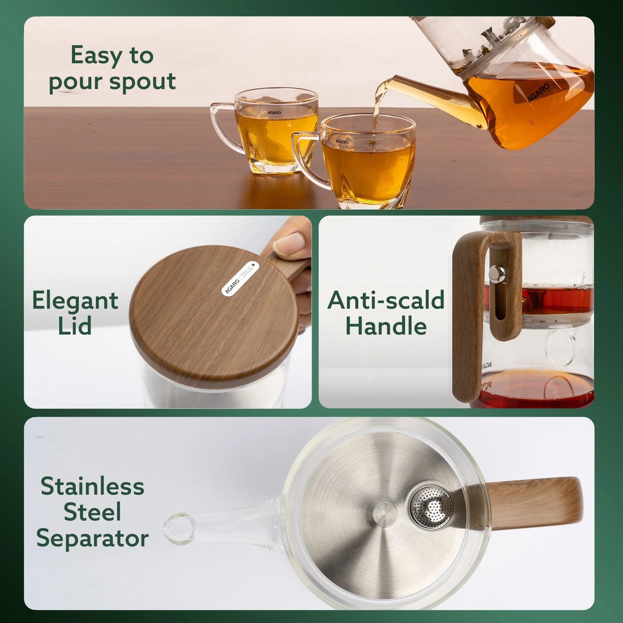 Elite Borosilicate Glass Tea Pot for Loose Tea, Stainless Steel Infuser, 760ml, Anti Scaled Side Handle, Heat Resistant, One-Touch Magnetic Filtration & Water Separation, for Home & Office - Image 4