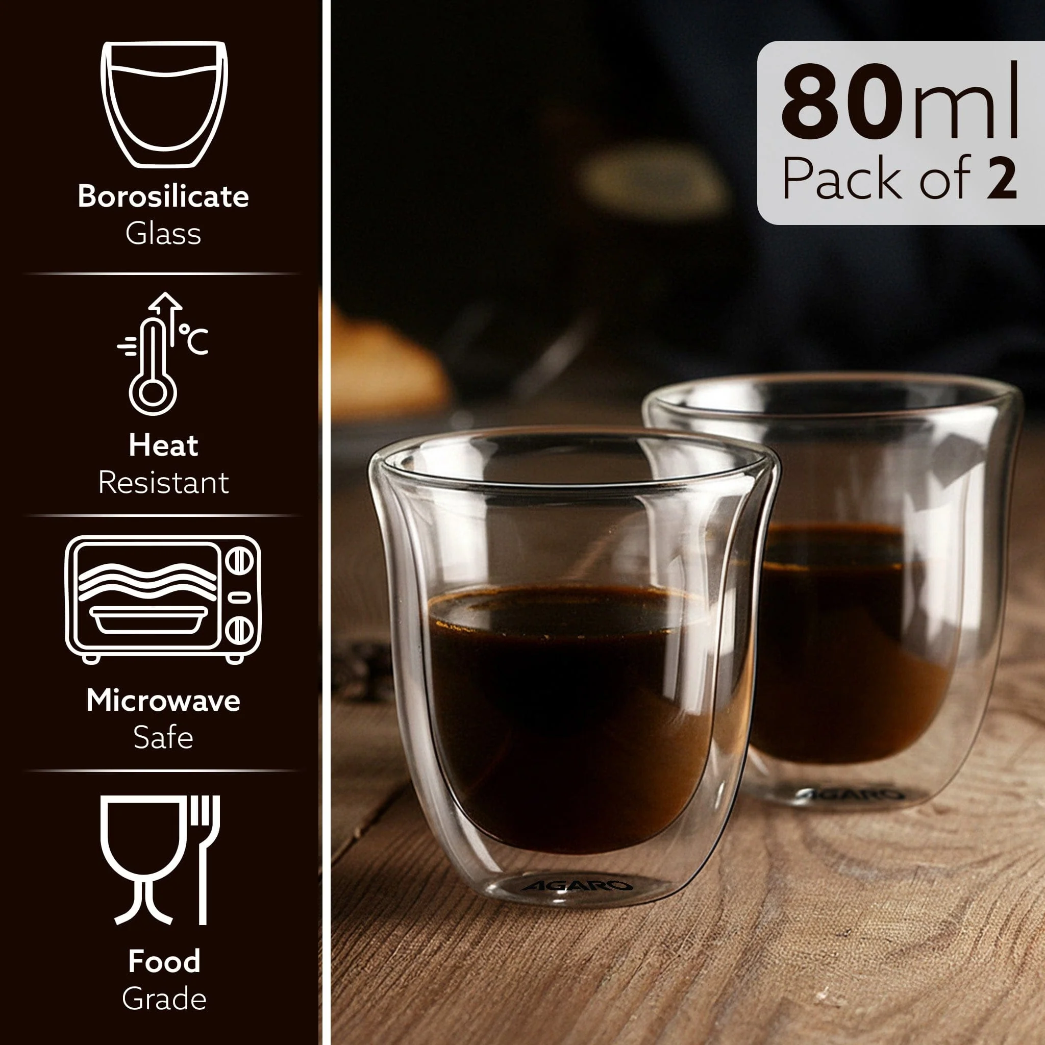Elite Double Wall Glass Espresso Cups 80ml, Pack of 2 | Premium Borosilicate, Heat Resistant, Ideal for Coffee, Tea, Latte, Microwave & Dishwasher Safe - Image 2