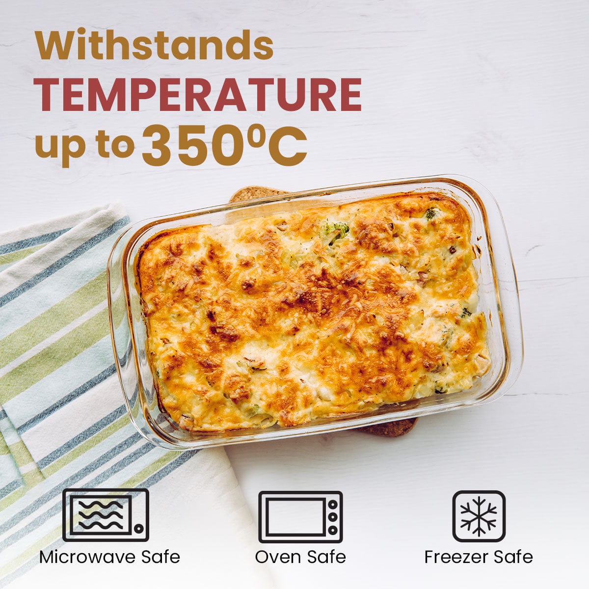 Elite Borosilicate Glass Baking Tray for Kitchen, 1600 ml, Baking Dish, Serving Bowl, Oven & Microwave, Dishwasher and Freezer safe, Rectangle, Transparent, Glass Bowl Container - Image 3