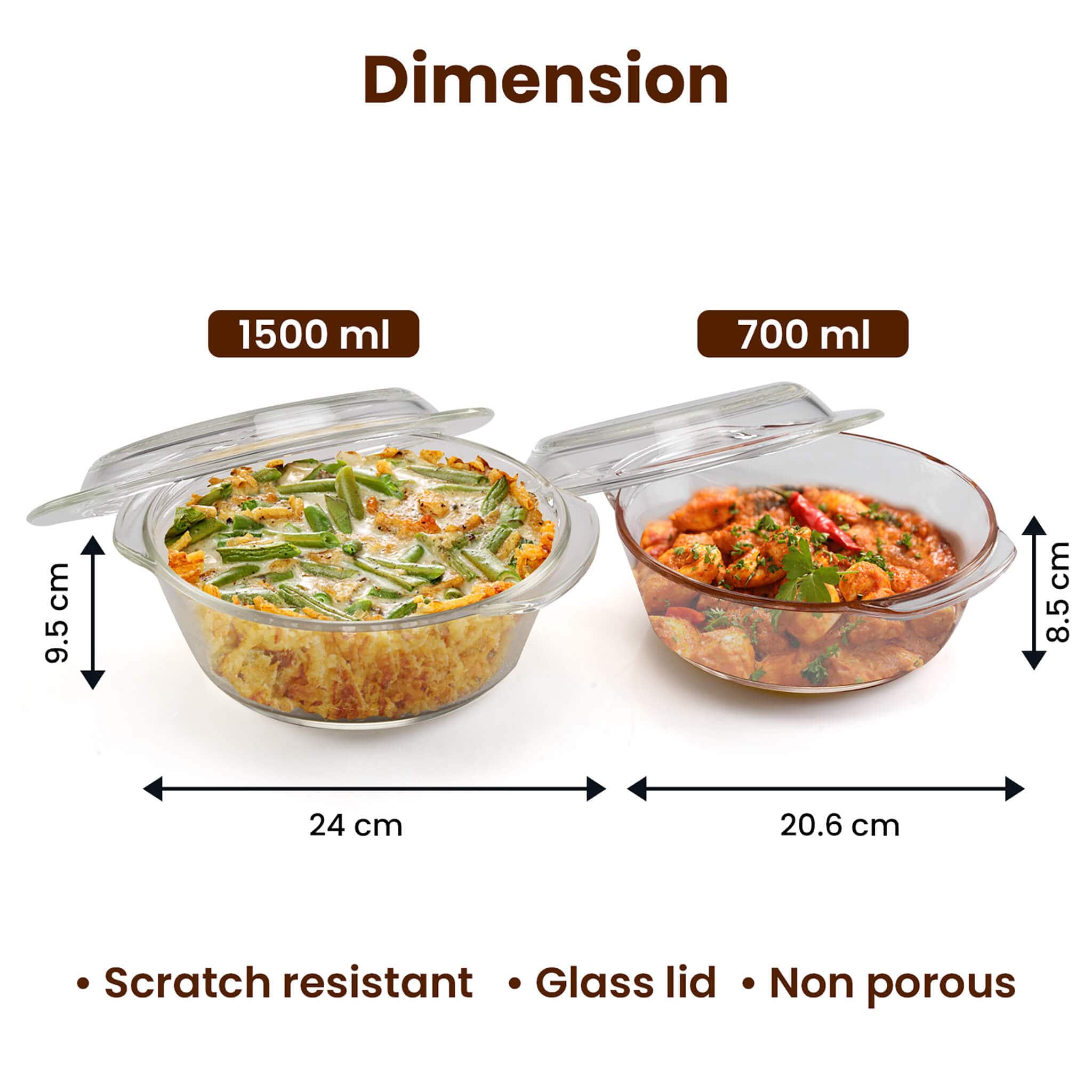 Elite Glass Casseroles With Lid - Set of 2 - 700, 1500 ml - Image 6