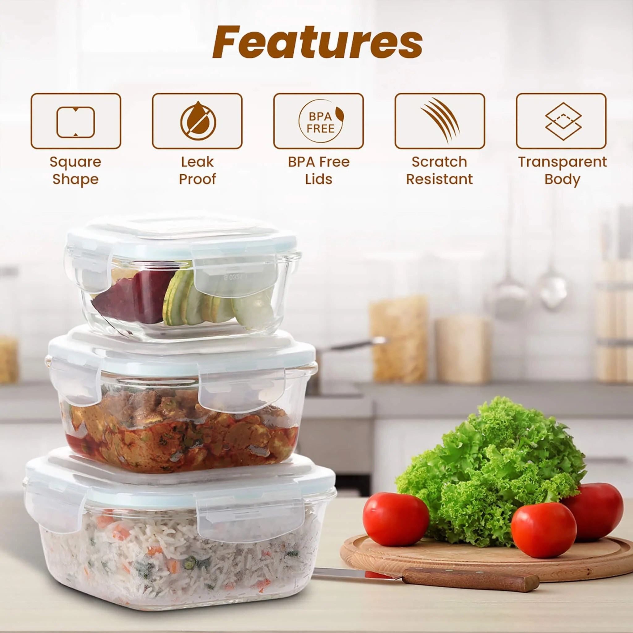 Elite Glass Container With Lid, 3 pcs Set - 320, 520, 800ml - Image 5