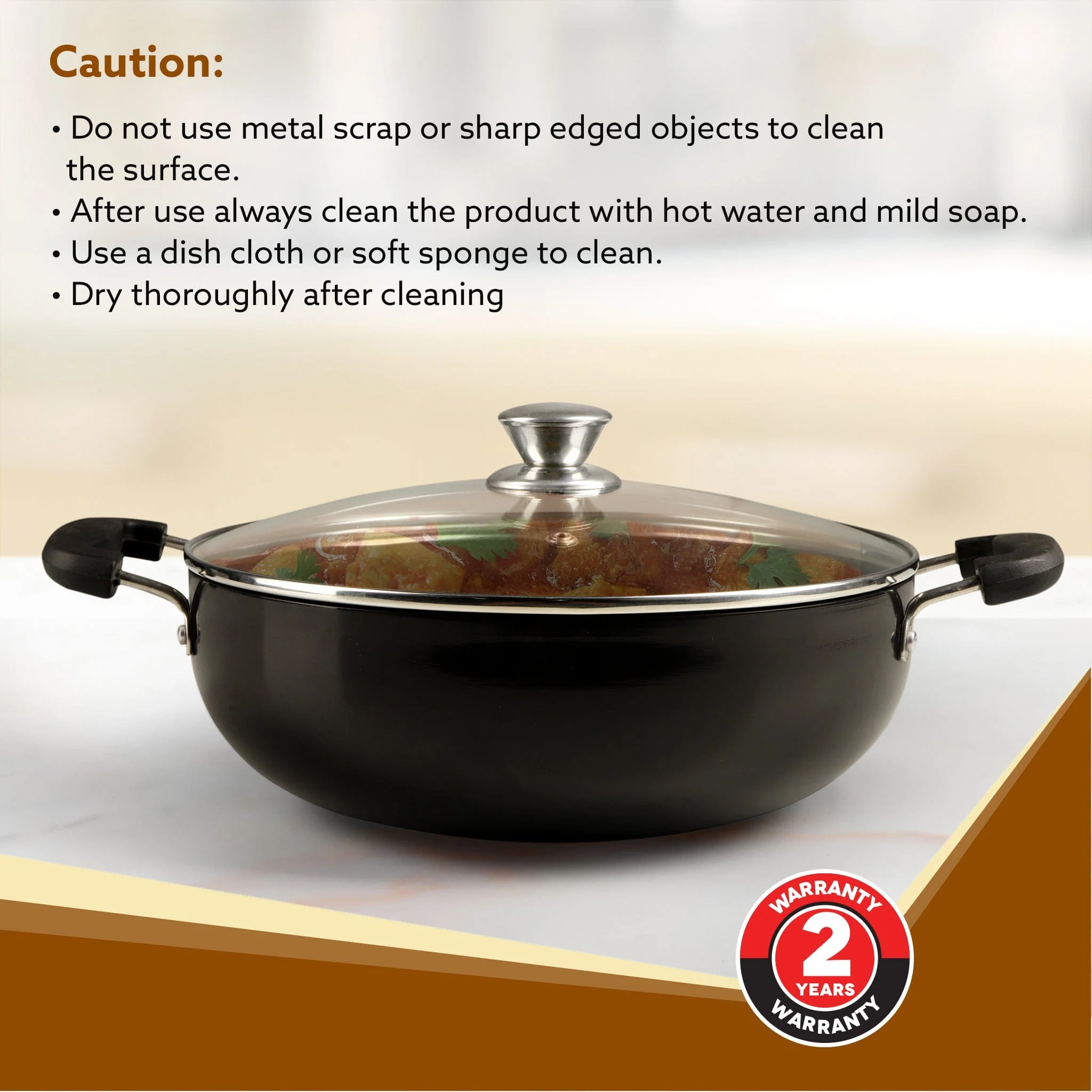 Elite Hard Anodised Kadhai With Glass Lid, 3.85L Capacity, 28 cm Diameter, Gas Oven Compatible, Riveted handle, 3mm thick plate, Cooking, Frying, Serving, Black - Image 5