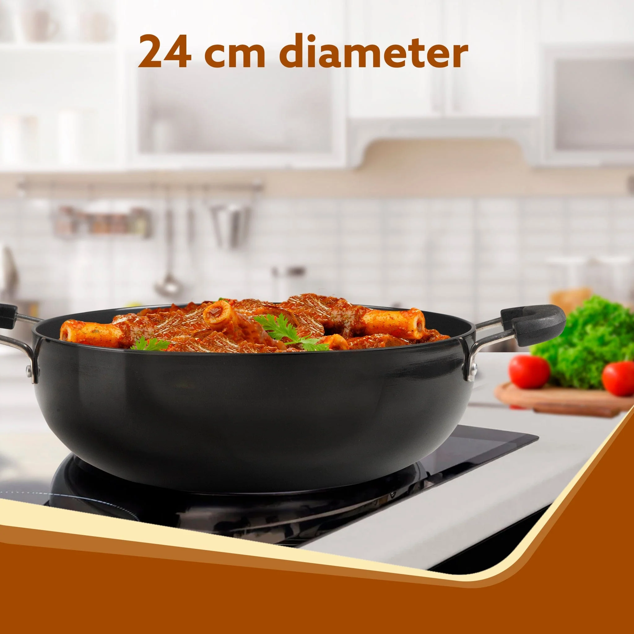 Elite Hard Anodised Kadhai With Glass Lid, 2.5L Capacity, 24 cm Diameter, Gas Oven Compatible, Riveted handle, 3mm thick plate, Cooking, Frying, Serving, Black - Image 2
