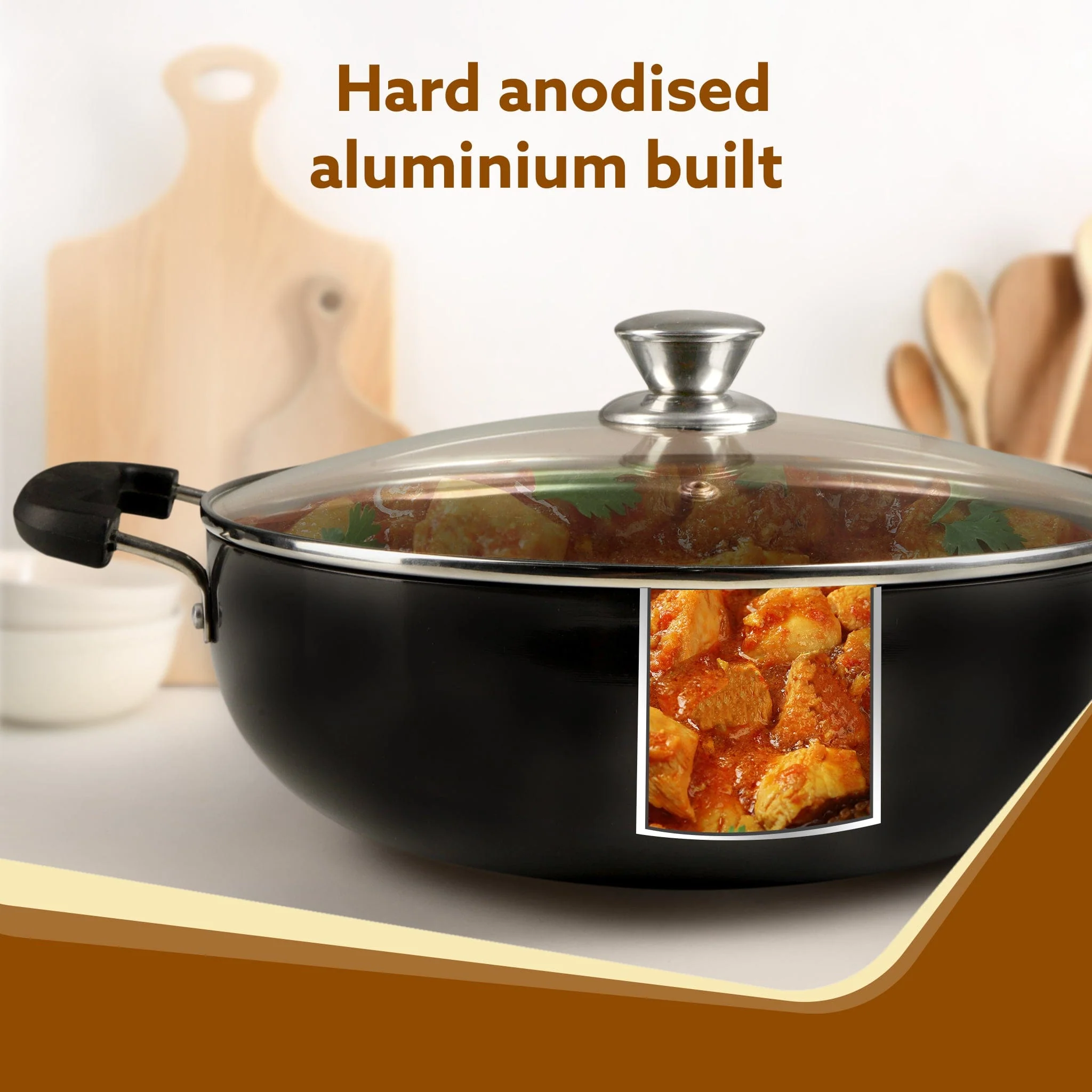 Elite Hard Anodised Kadhai With Glass Lid, 2.5L Capacity, 24 cm Diameter, Gas Oven Compatible, Riveted handle, 3mm thick plate, Cooking, Frying, Serving, Black - Image 3