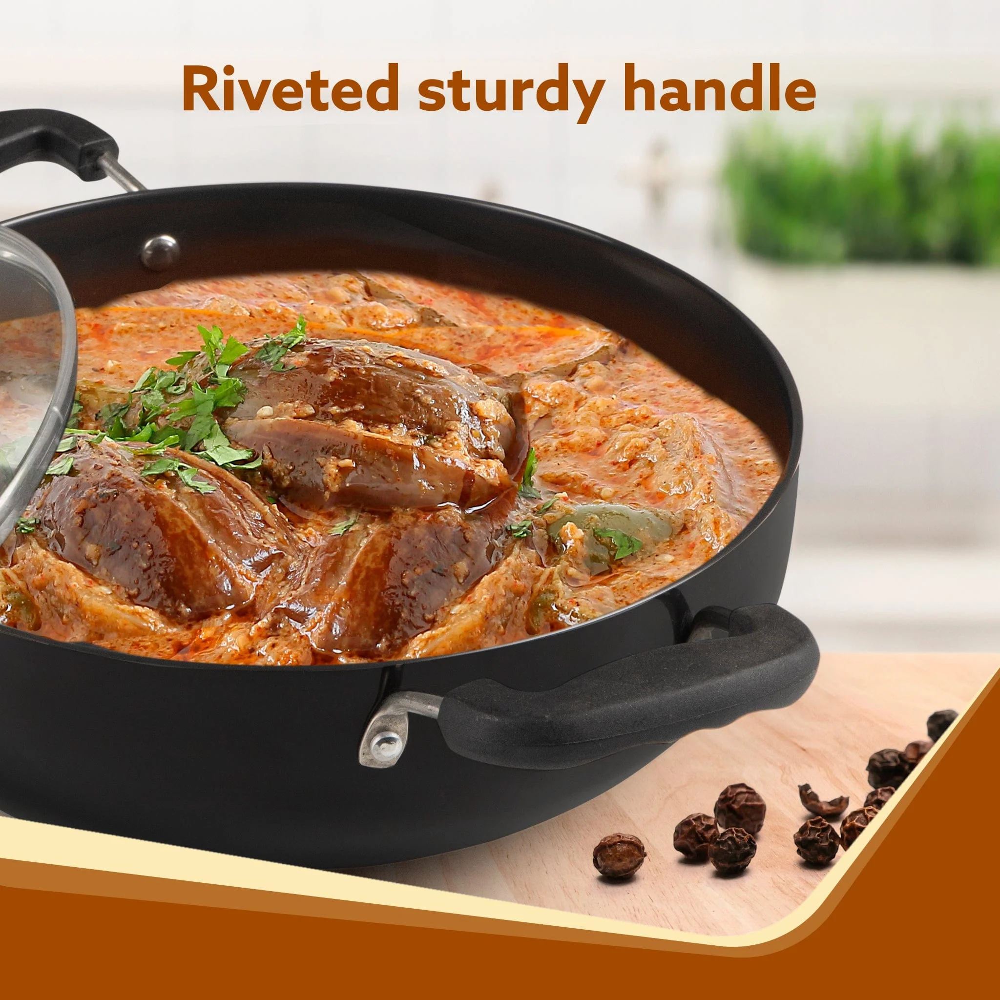 Elite Hard Anodised Kadhai With Glass Lid, 2.5L Capacity, 24 cm Diameter, Gas Oven Compatible, Riveted handle, 3mm thick plate, Cooking, Frying, Serving, Black - Image 4