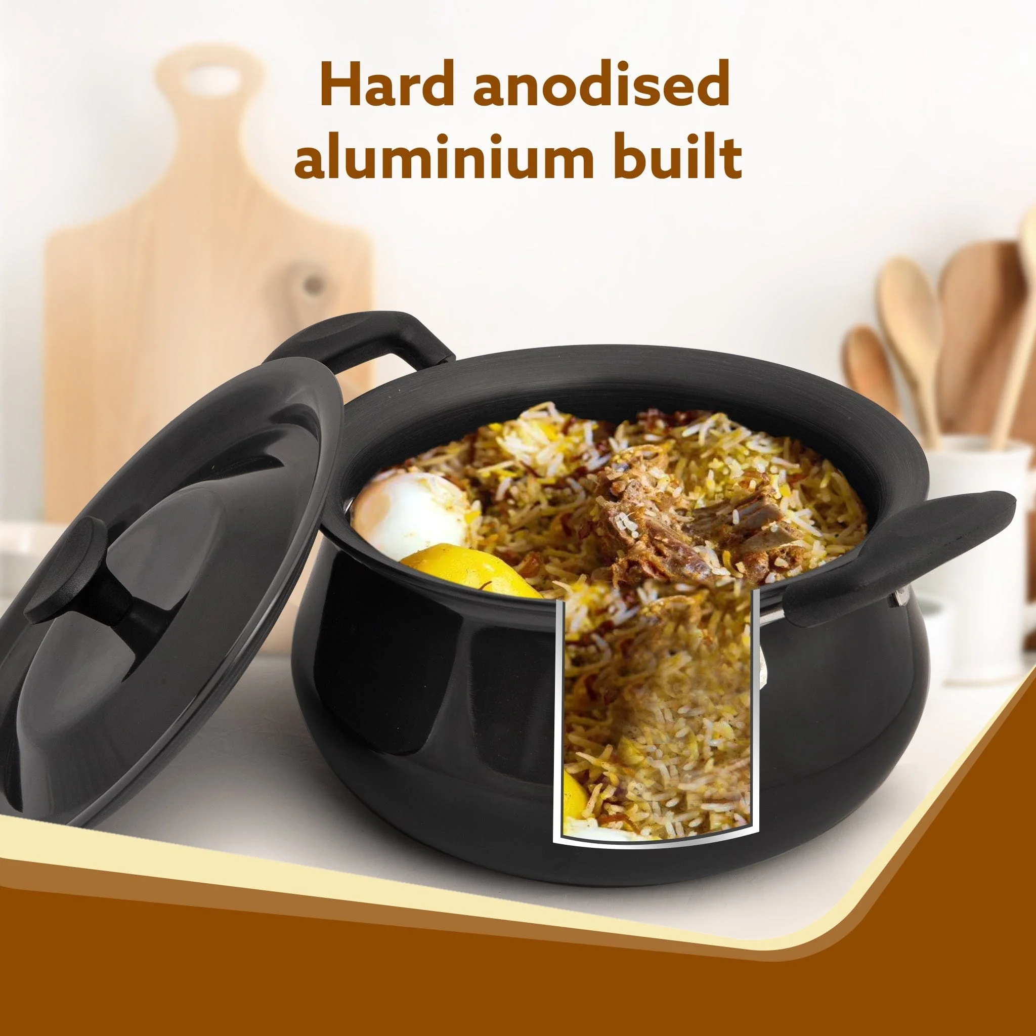 Elite Hard Anodised Handi, 3.5 Litres, Riveted handle, 3 mm Thick Plate, Gas Oven Compatible - Image 3