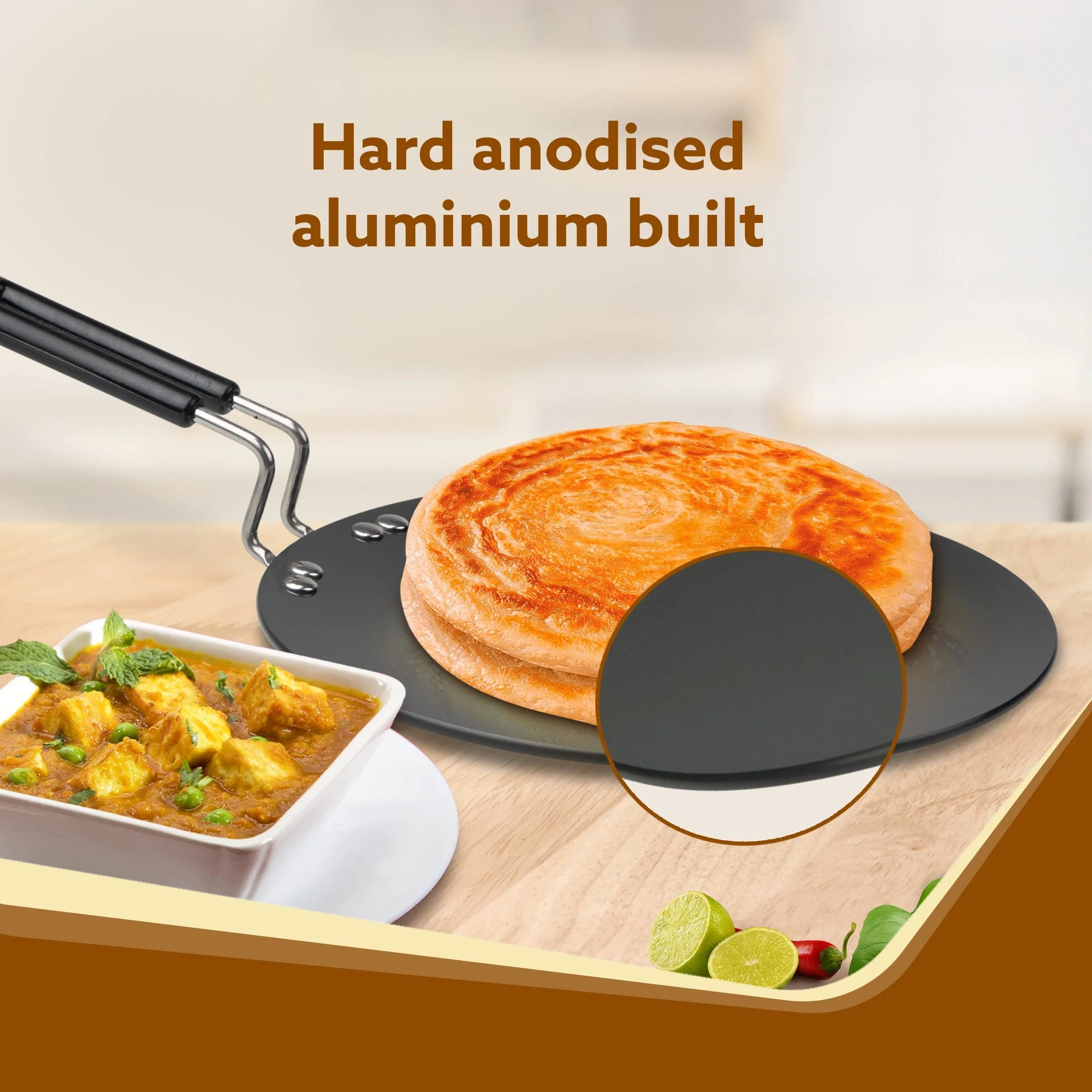 Elite Hard Anodised Tawa, 25 cm Diameter, Riveted handle, 3 mm thick plate, Gas & Induction Oven Compatible, Cooking, Cookware, Black - Image 3