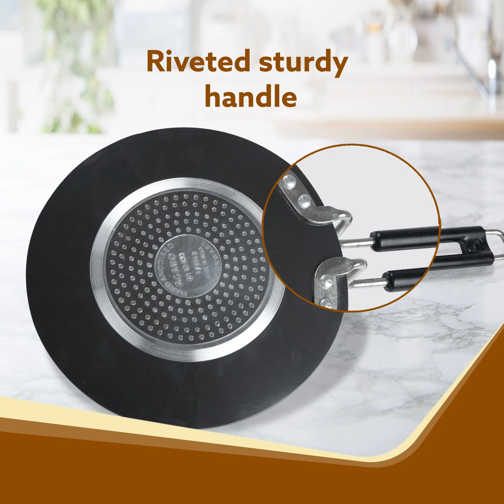 Elite Hard Anodised Tawa, 25 cm Diameter, Riveted handle, 3 mm thick plate, Gas & Induction Oven Compatible, Cooking, Cookware, Black - Image 4
