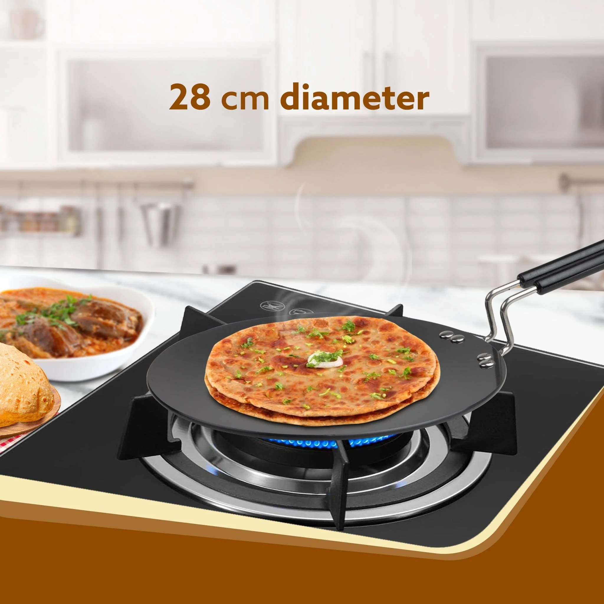 Elite Hard Anodised Tawa, 28 cm diameter, Riveted handle, 3 mm thick plate, Gas & Induction Oven Compatible, Cooking, Cookware, Black - Image 2