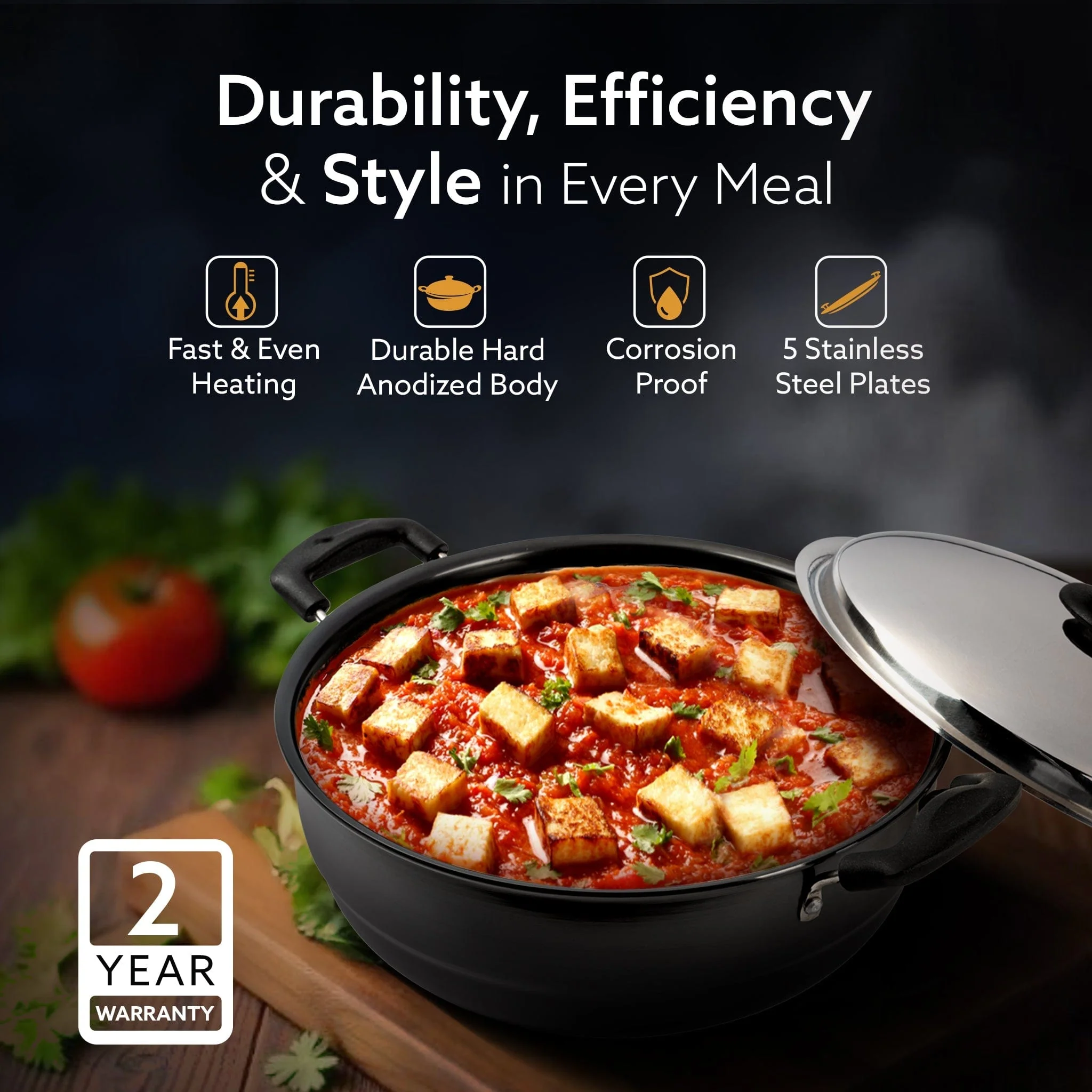 Elite Hard Anodised Multi Kadhai with Stainless Steel Lid, 5L, Gas Compatible, 3mm Thick Body, Riveted Handle - Image 8