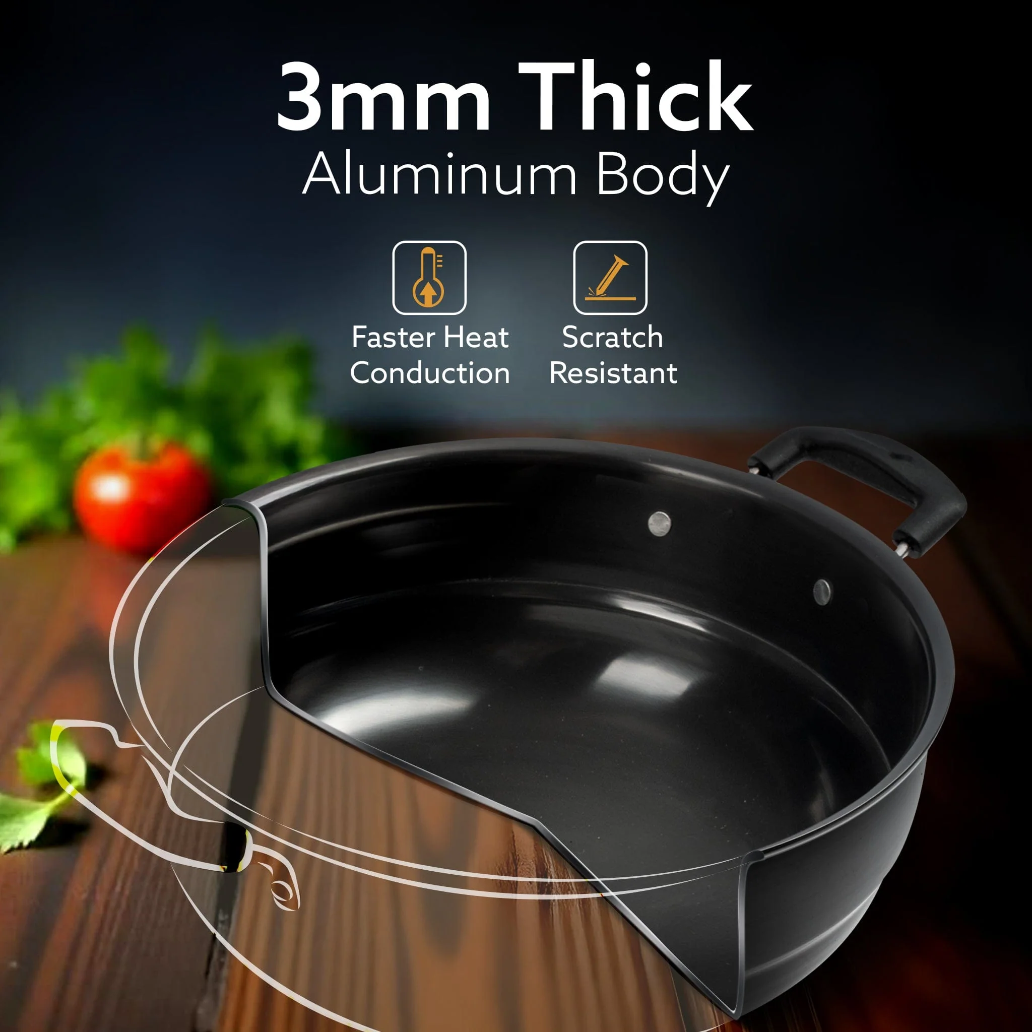 Elite Hard Anodised Multi Kadhai with Stainless Steel Lid, 5L, Gas Compatible, 3mm Thick Body, Riveted Handle - Image 9