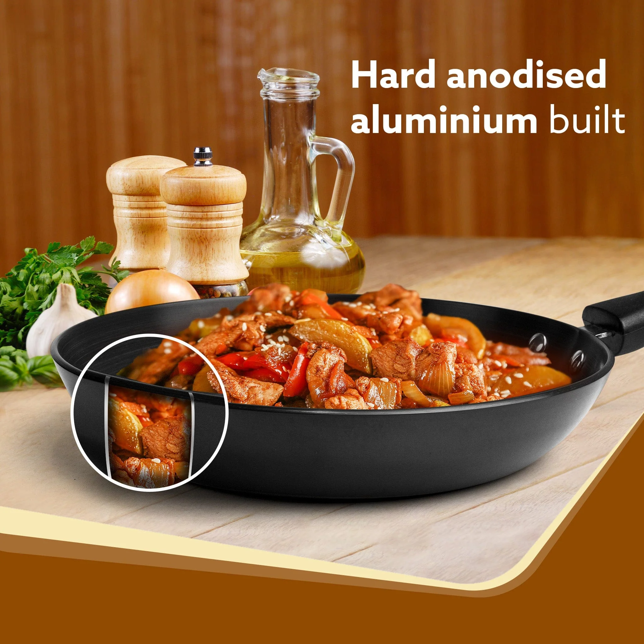 Elite Hard Anodised Tapper Frying Pan, 1.5L Capacity, 24 cm Diameter, Gas Oven Compatible, 3 mm thick plate, Riveted handle, Frying, Cooking, Serving, Black - Image 3