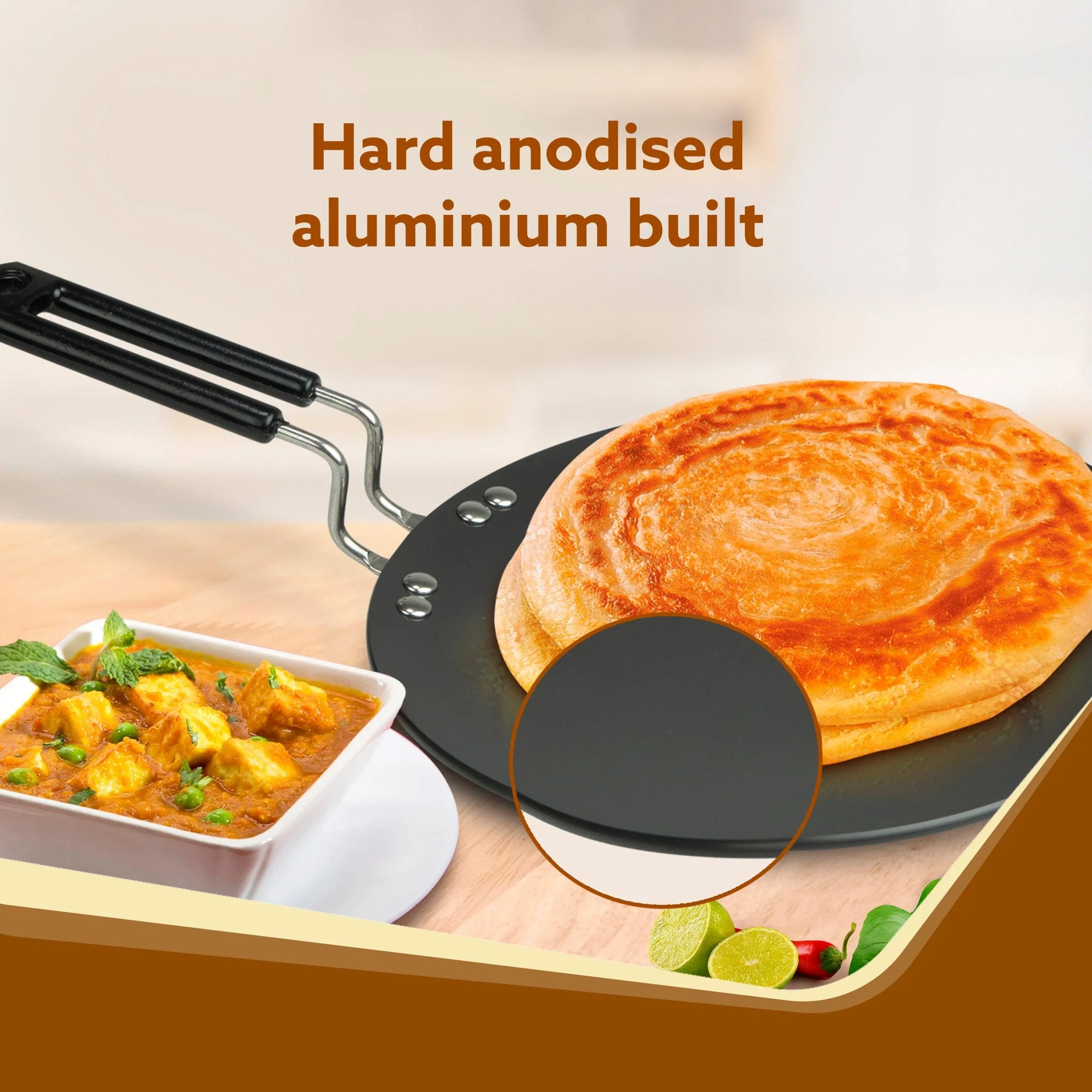Elite Hard Anodised Tawa, 28cm  diameter, Riveted handle, 3 mm thick plate, Gas Oven Compatible, Cooking, Cookware, Black - Image 3