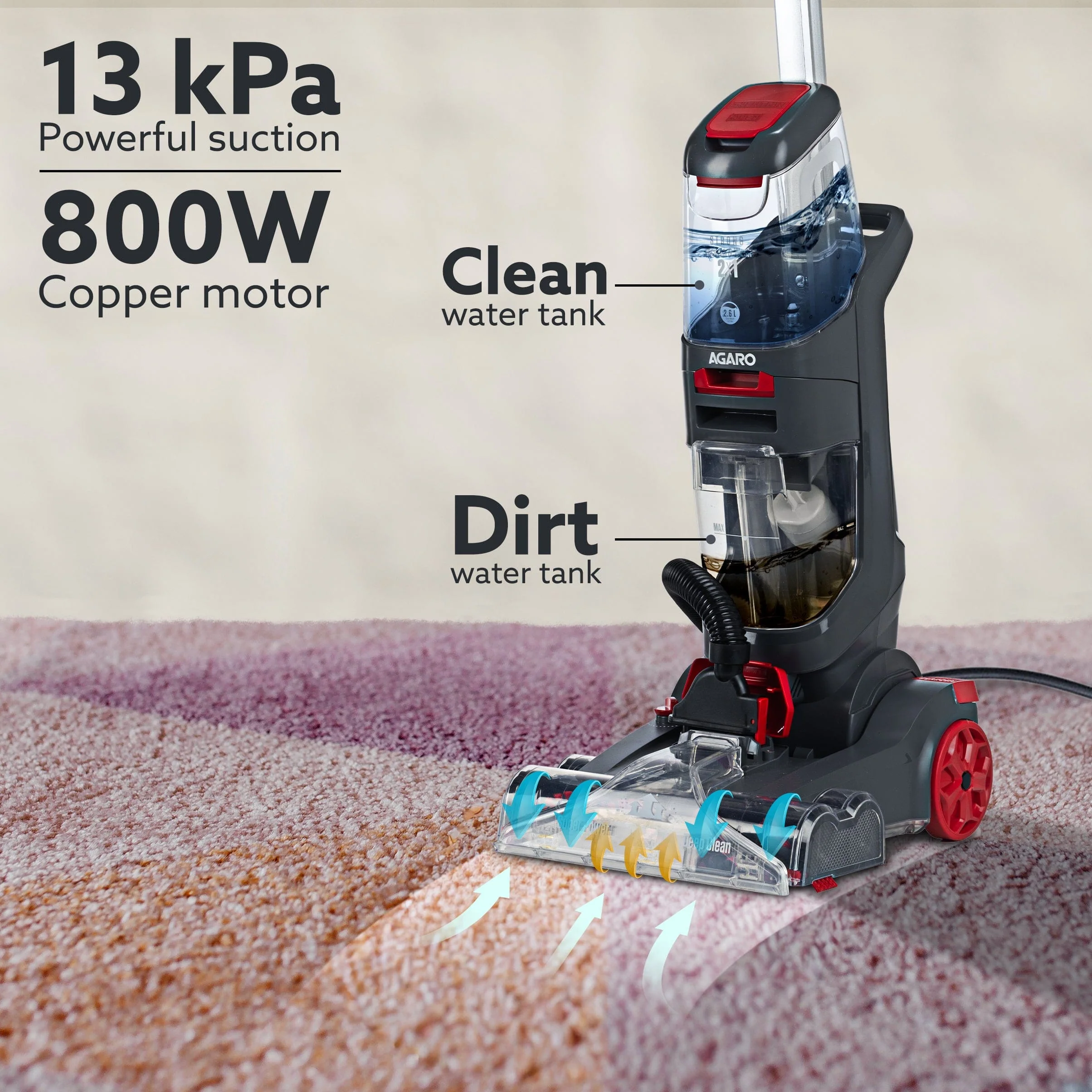 Elite Upright Wet & Dry Carpet Cleaner, 800W, 13.5 kPa Suction Pressure, 2 in 1 Handheld Carpet Spot Cleaner Machine, Dual Rolling Brush, Upholstery Cleaner, Carpet Washer for Spills & Stains - Image 4
