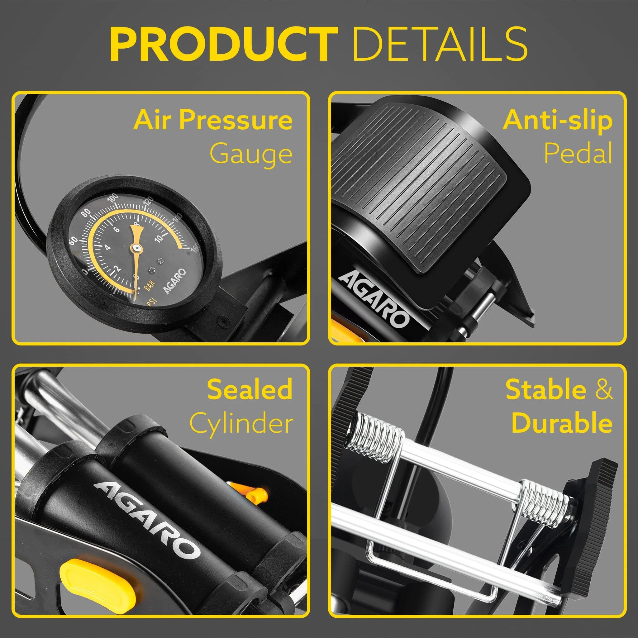 Foot Tyre Inflator, Double Cylinder Rapid Inflation, 160 PSI, High-Pressure Foot Air Pump with Integrated Gauge for Car, Bike & Cycle, Hands-Free Pedal Operation, Durable Steel Base, FP1919 - Image 3
