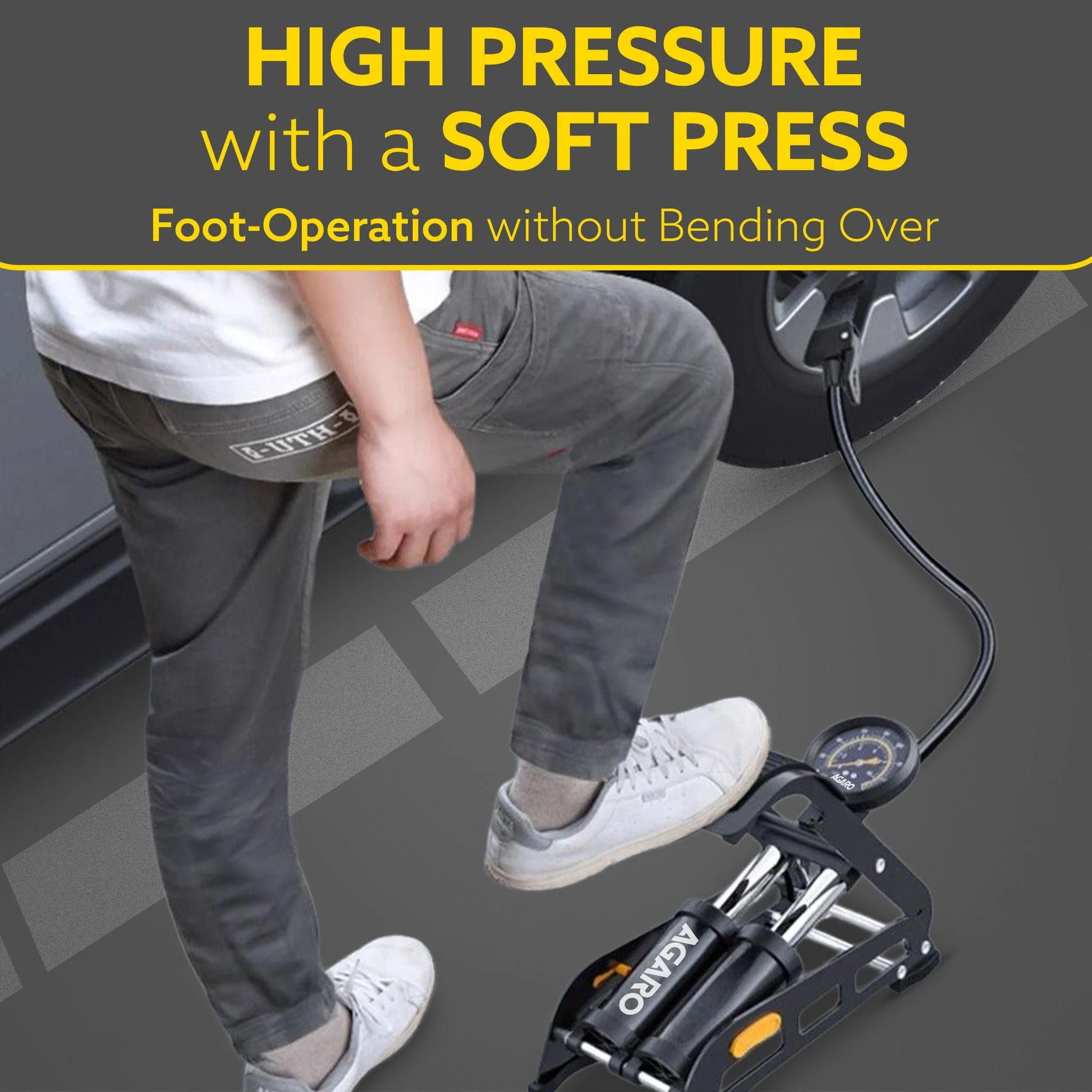 Foot Tyre Inflator, Double Cylinder Rapid Inflation, 160 PSI, High-Pressure Foot Air Pump with Integrated Gauge for Car, Bike & Cycle, Hands-Free Pedal Operation, Durable Steel Base, FP1919 - Image 4