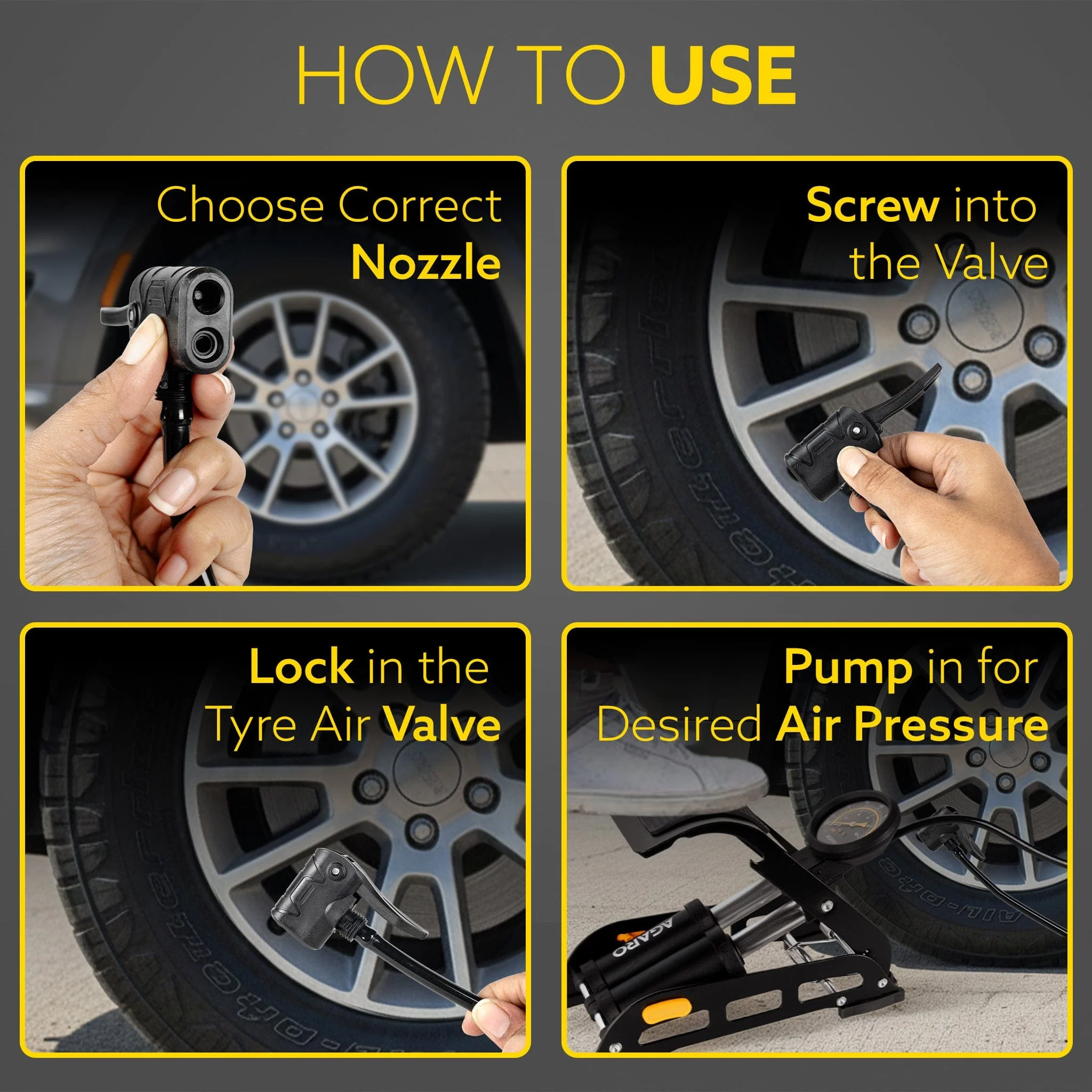 Foot Tyre Inflator, Double Cylinder Rapid Inflation, 160 PSI, High-Pressure Foot Air Pump with Integrated Gauge for Car, Bike & Cycle, Hands-Free Pedal Operation, Durable Steel Base, FP1919 - Image 6