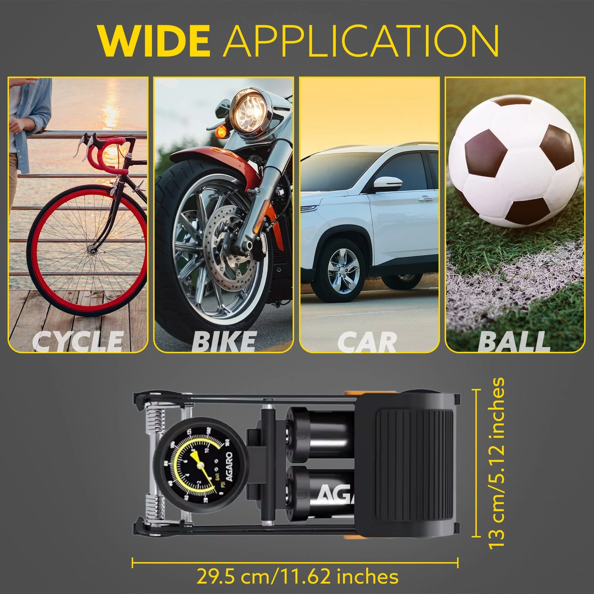 Foot Tyre Inflator, Double Cylinder Rapid Inflation, 160 PSI, High-Pressure Foot Air Pump with Integrated Gauge for Car, Bike & Cycle, Hands-Free Pedal Operation, Durable Steel Base, FP1919 - Image 7
