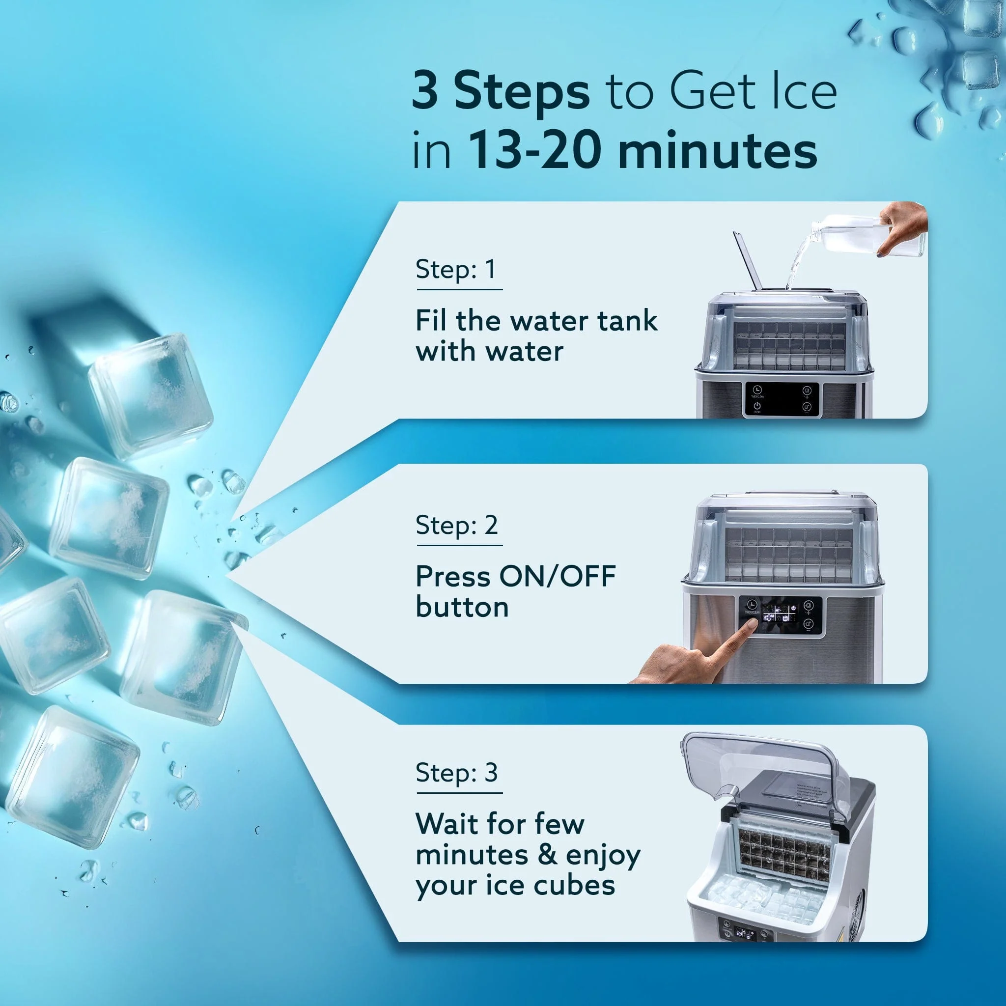 Galaxy Ice Maker, Compact Ice Maker, 3.2L water Tank, Cube ice, Stainless Steel Body - Image 5