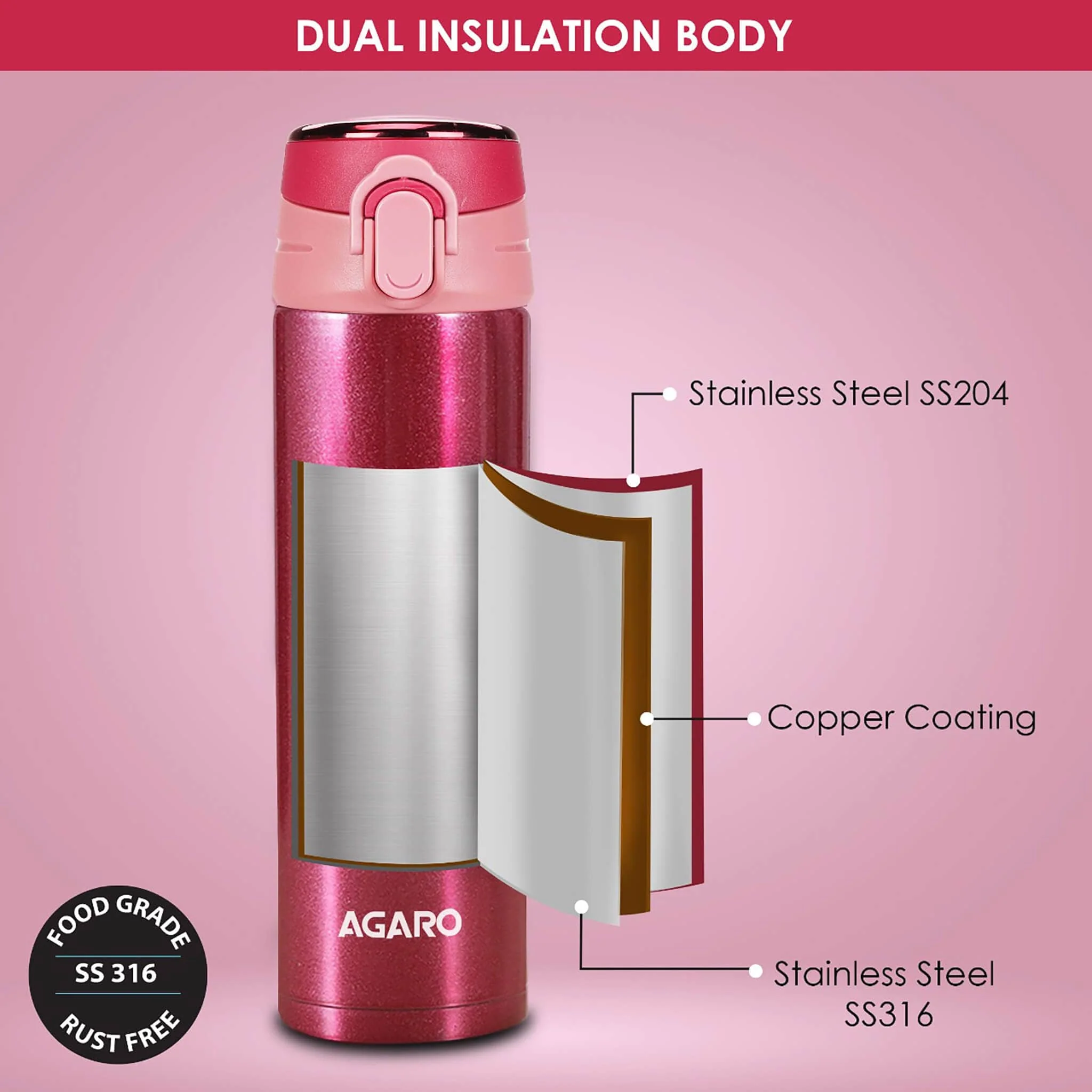 Galaxy Stainless Steel Vacuum Flask 500ML , Du - Image 4