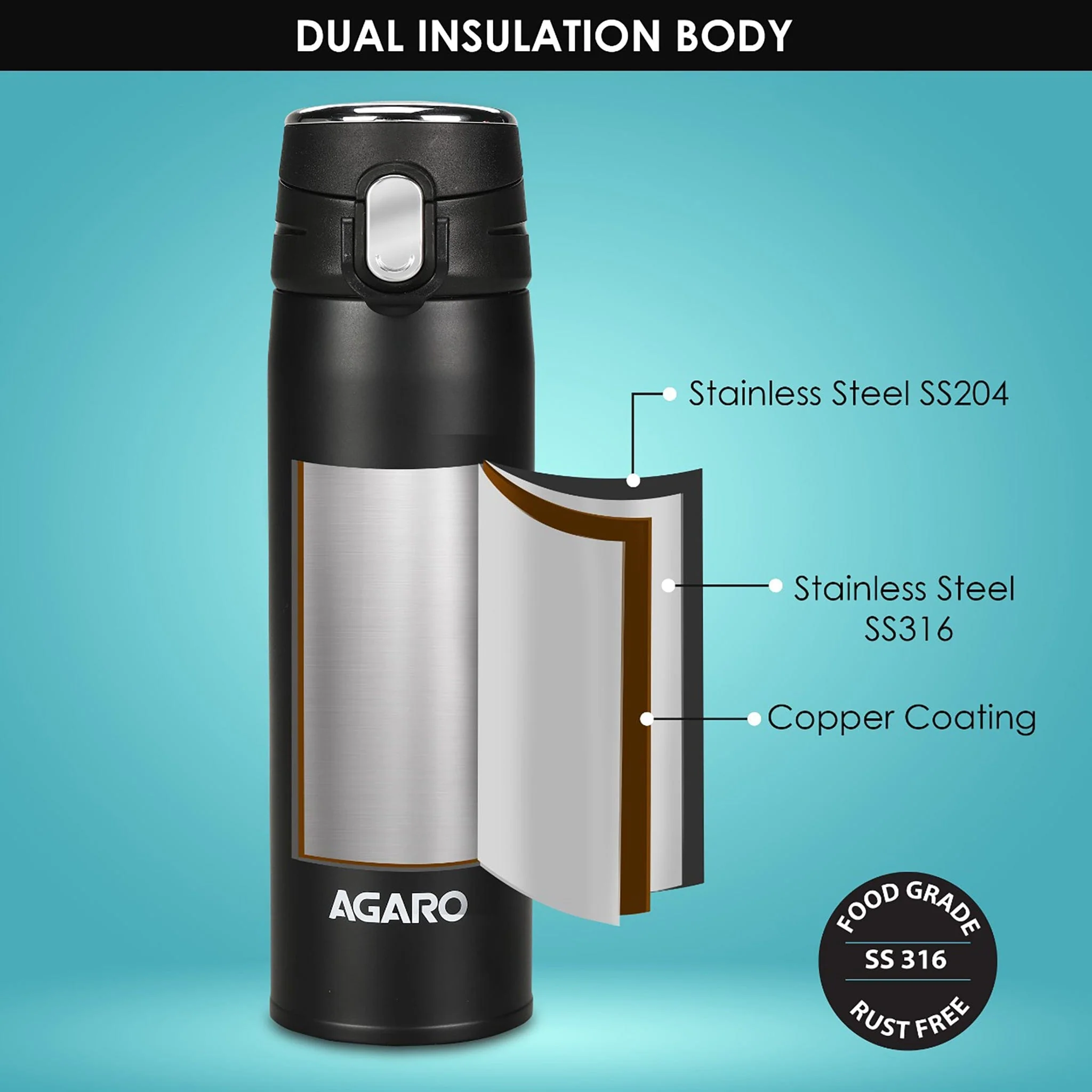 Galaxy Stainless Steel Vacuum Flask 500ML , Du - Image 4