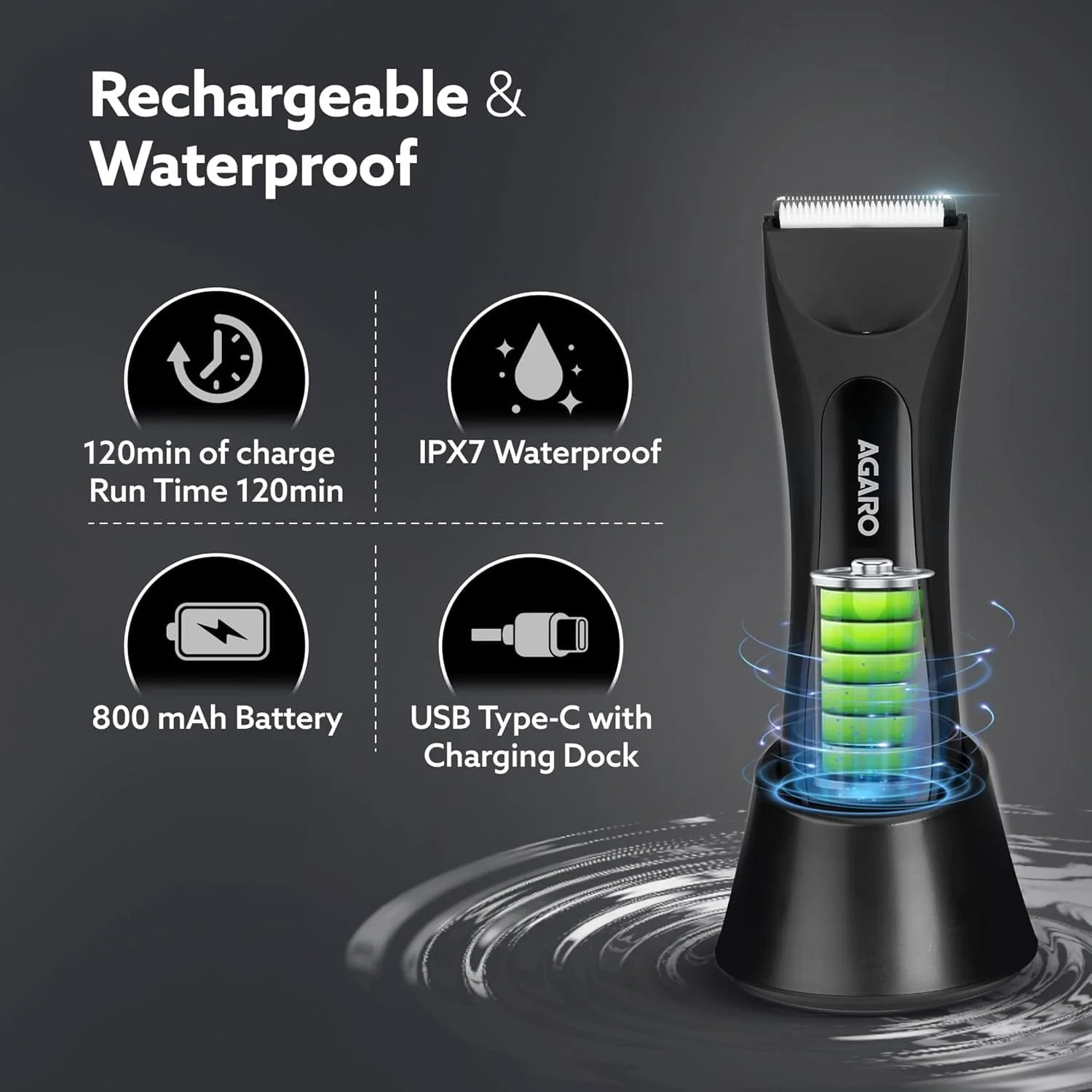 Grand Body Trimmer, For Beard, Body Shaving, 6 Length Settings, Self Sharpening Ceramic Blades, Waterproof (IPX7), Cordless, LED Torch, Dock Charging - Image 5