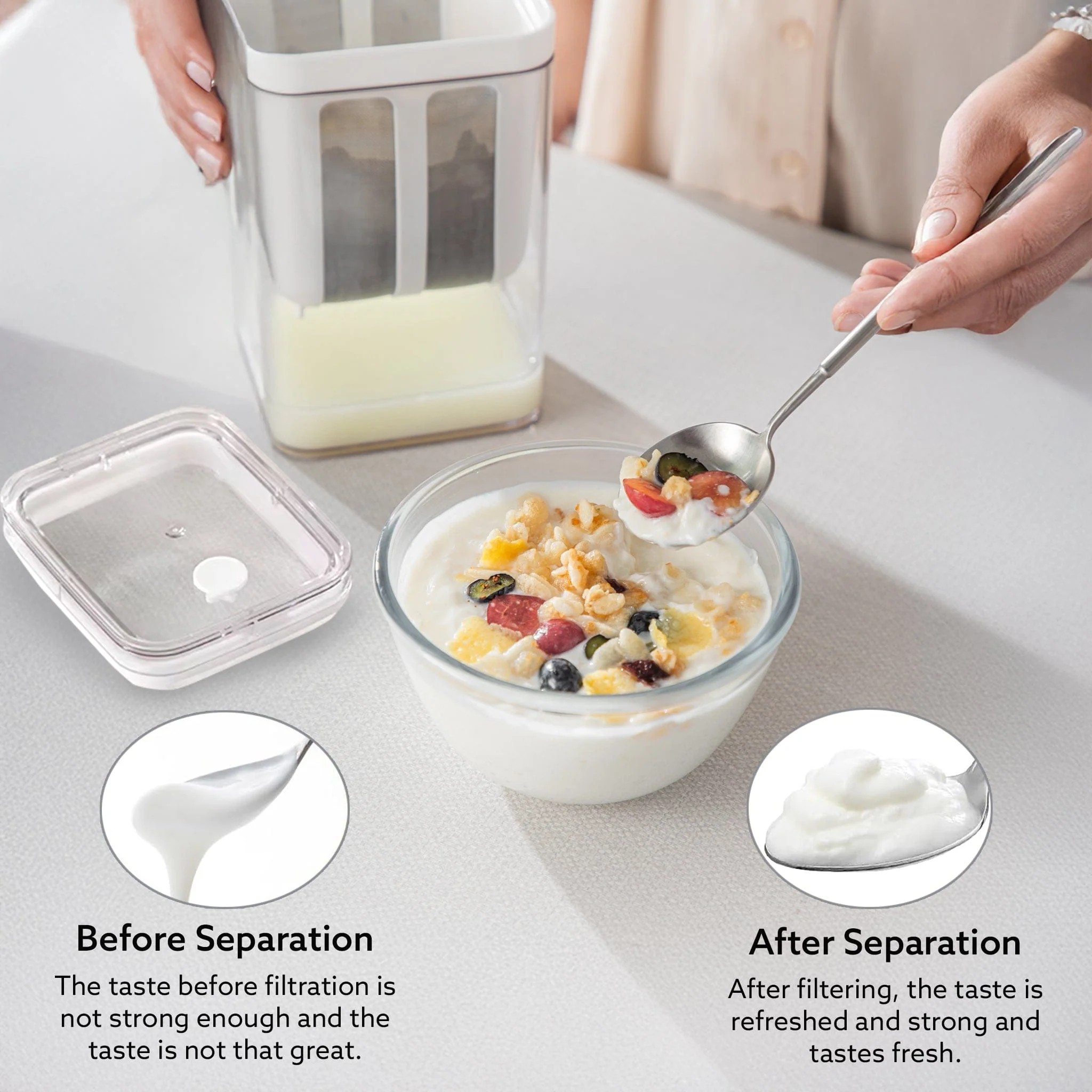 Greek Yogurt Maker & Curd Strainer | 1100ml BPA-Free Yogurt Strainer with Fine Mesh Filter | Whey Separator for Homemade Greek Yogurt, Curd, Cheese & Dairy - Image 5