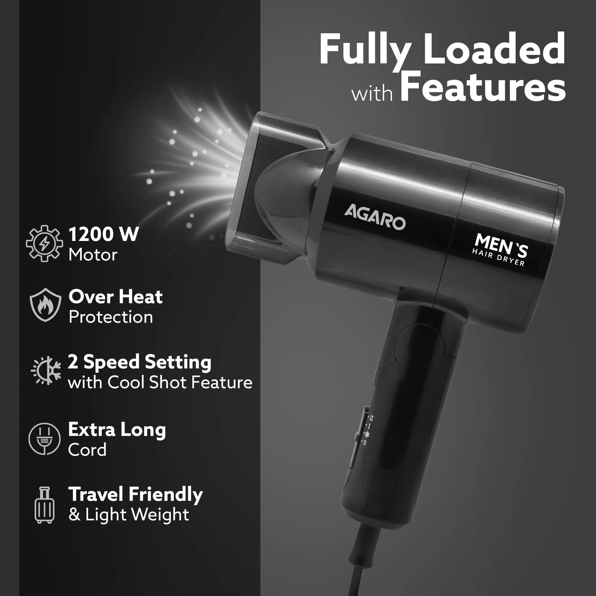 Hair Dryer for Men, 1200 Watts, 2 Heat Speed and Cool Mode, Foldable (Compact in Size), Black - Image 4