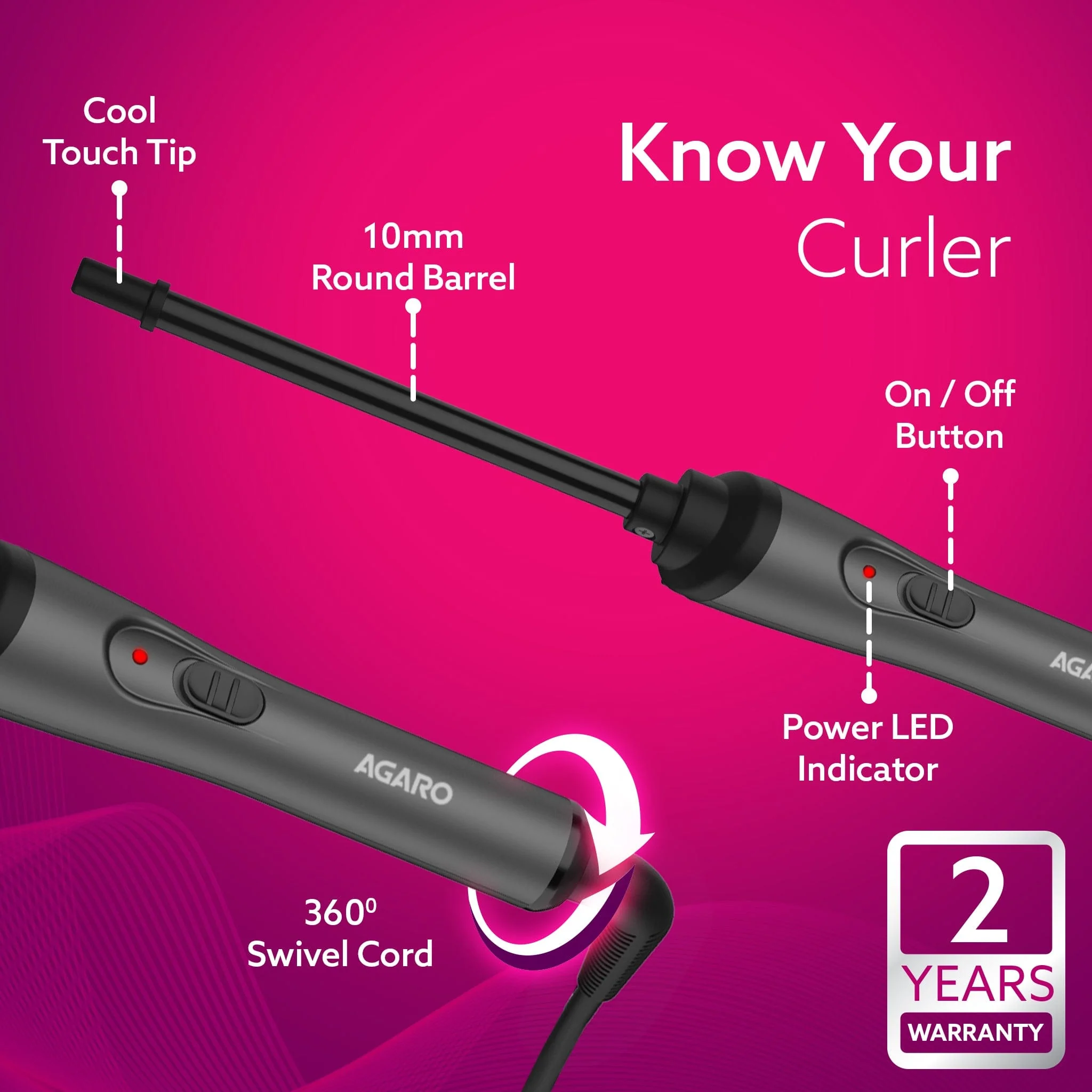 HC8001 Hair Curler With 10MM Barrel, Rod, Tong, Chopstick Hair Curler, Ceramic Coated Plates, Cool Touch Tip, Fast Heating, For Women, Maggie Curl, Hair Curling, Styling, Grey - Image 3