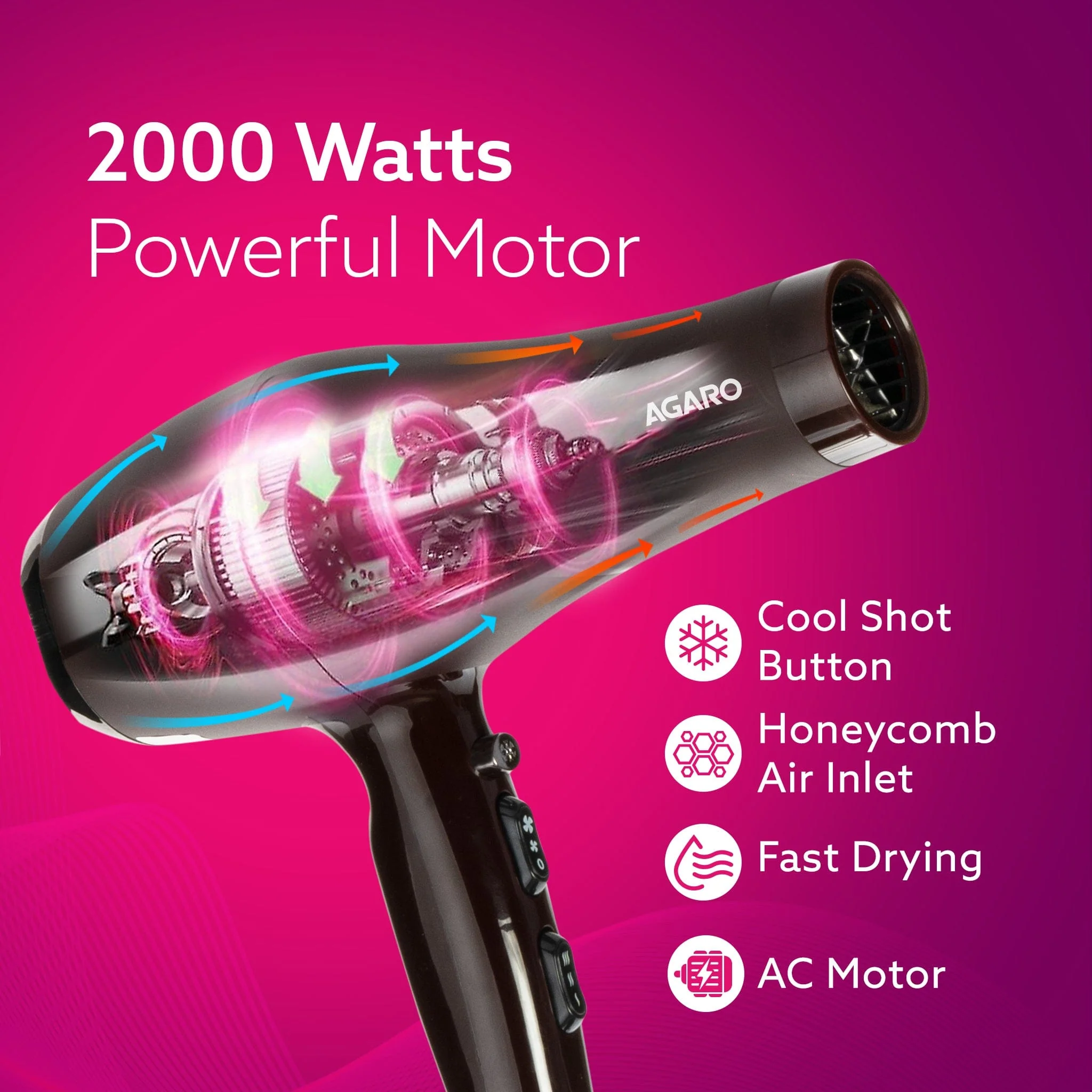 HD-1120 2000W AC Professional Hair Dryer with Comb, Concentrator & Diffuser Nozzles, Hot & Cold Air, 2 Speed & 3 Temperature Settings with Cool Shot, Hair Dryer & Blower for Men & Women (Brown) - Image 5