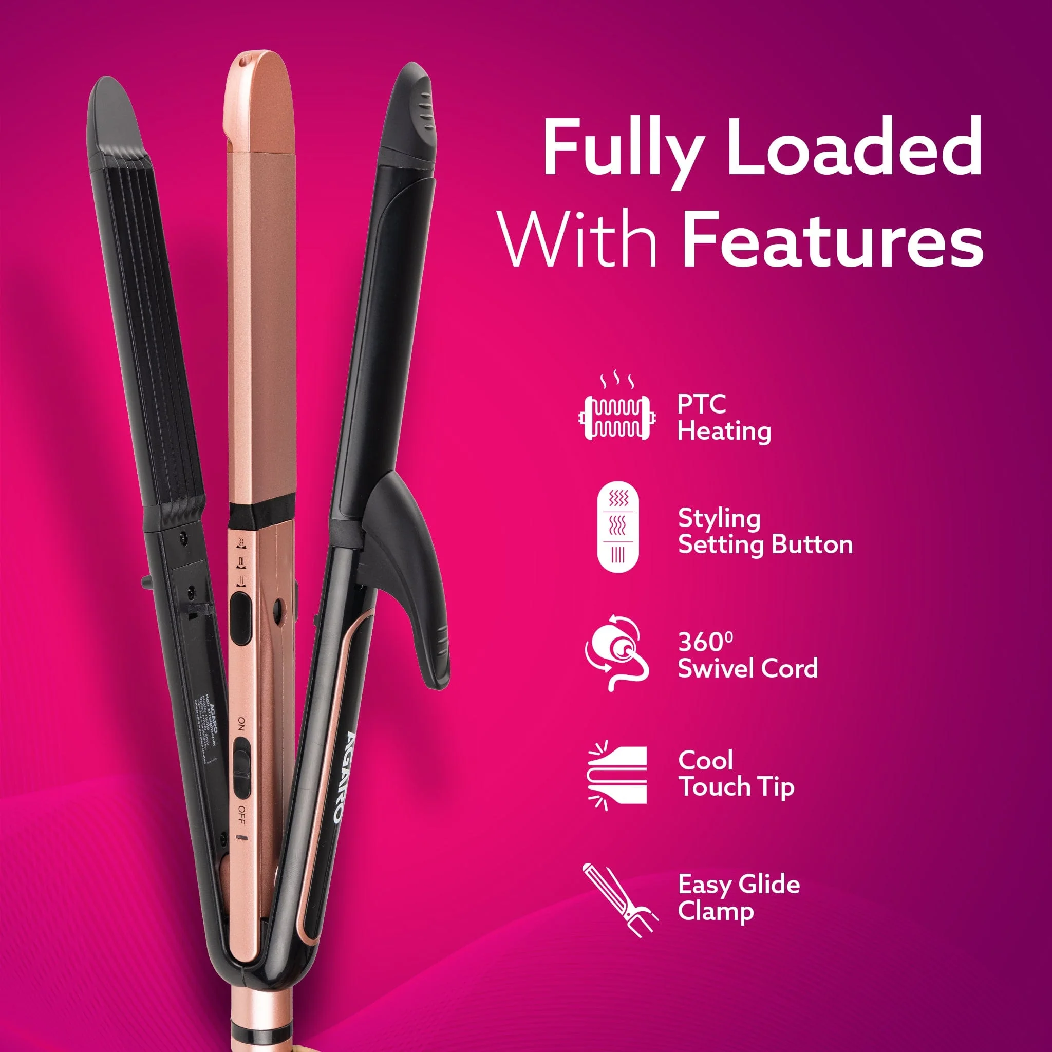 3in1 Hair Styler, Straightener, Crimper, Curler For Women HS1119, Keratin Infused Ceramic Coated Plate, Variable Style Settings, Hair styling, Colour Black & Rose Gold - Image 4