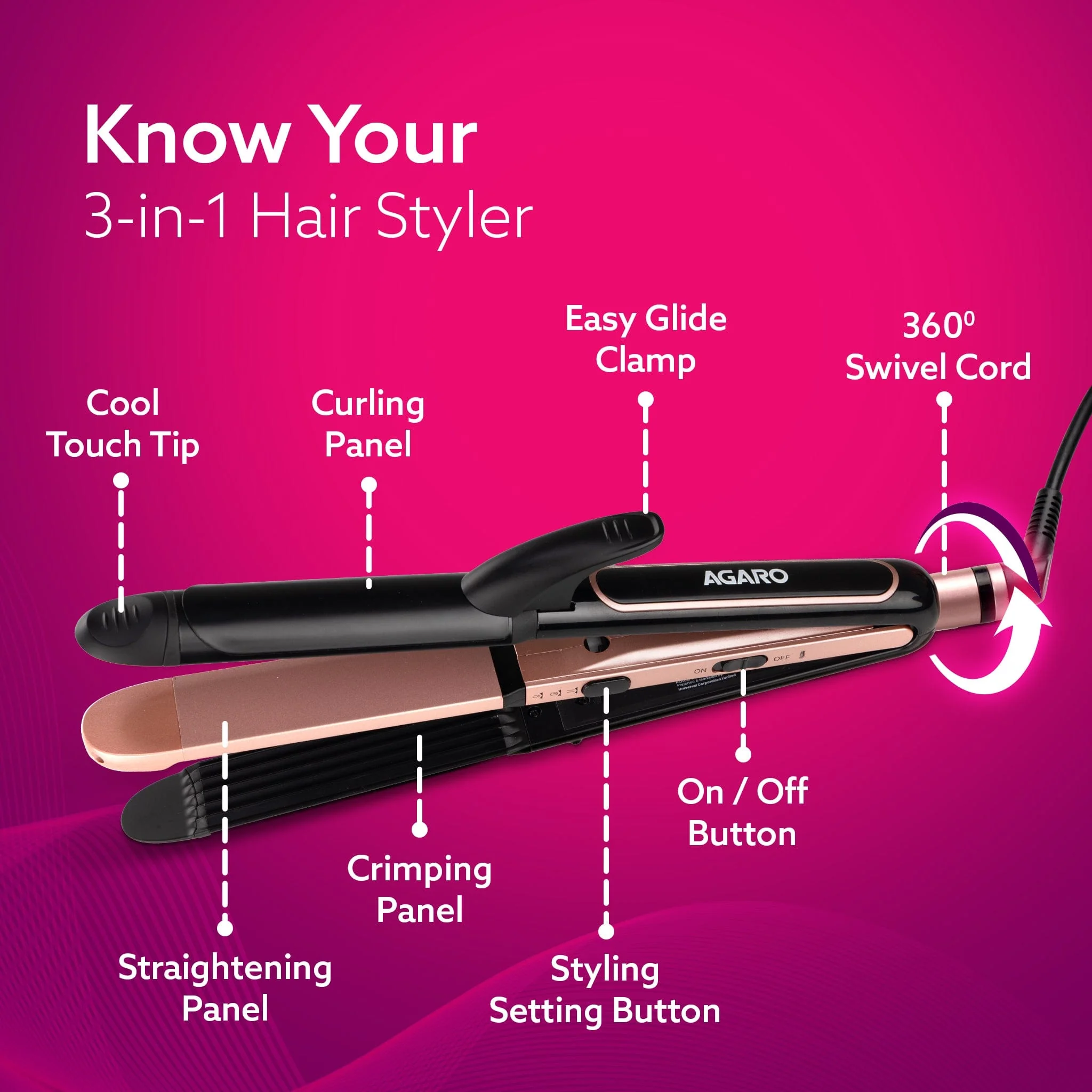 3in1 Hair Styler, Straightener, Crimper, Curler For Women HS1119, Keratin Infused Ceramic Coated Plate, Variable Style Settings, Hair styling, Colour Black & Rose Gold - Image 5