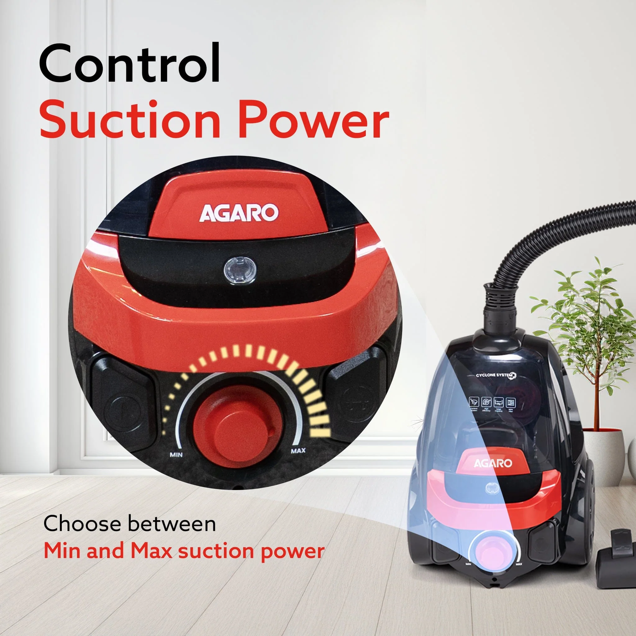 ICON Bagless Vacuum Cleaner , 1600Watts, For Home Use, Cyclonic Suction System, 24 kPa S uction power, Adjustable Suction Controller, Dry Vacuuming, 1.5L Bagless Dust Collector, Black and Red - Image 4