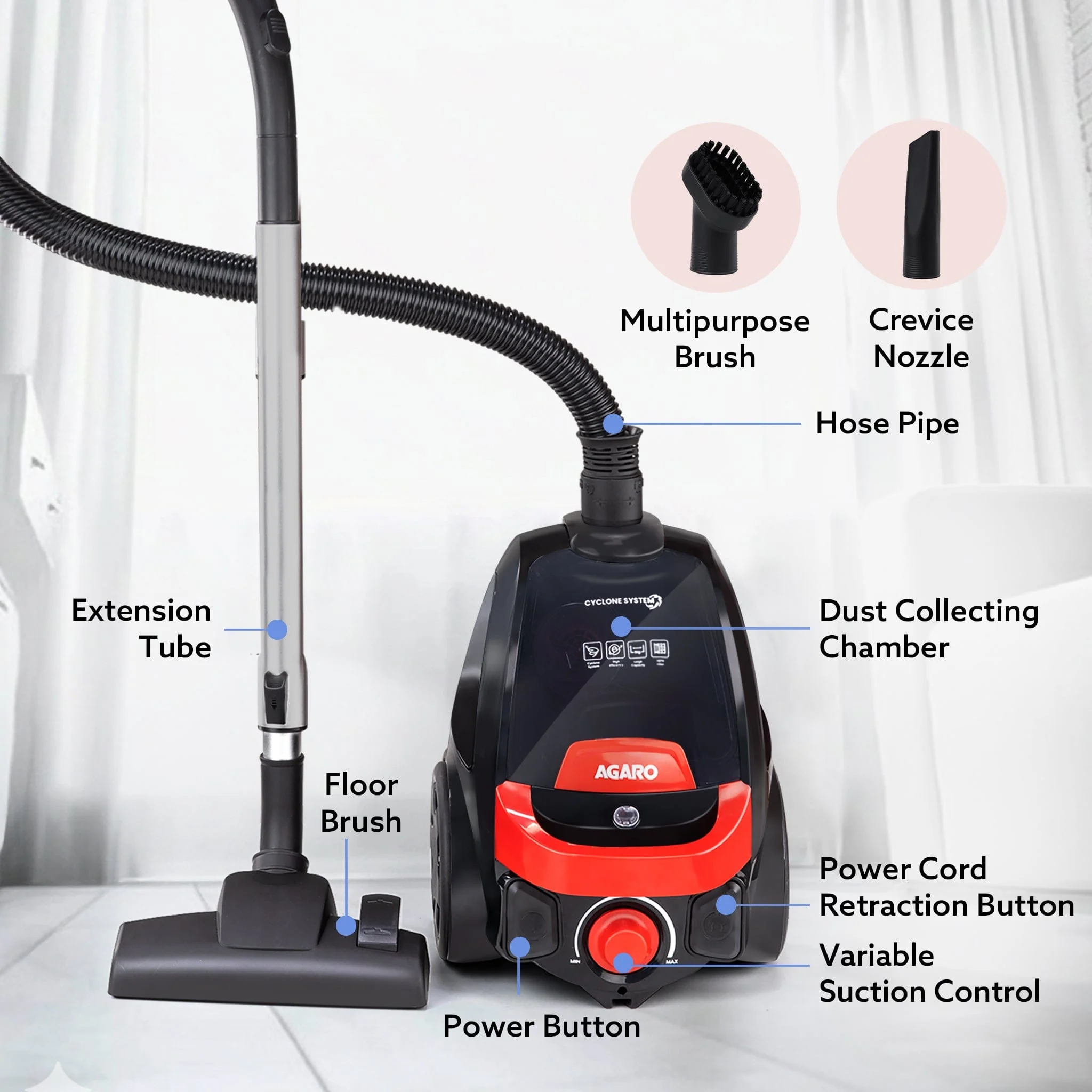ICON Bagless Vacuum Cleaner , 1600Watts, For Home Use, Cyclonic Suction System, 24 kPa S uction power, Adjustable Suction Controller, Dry Vacuuming, 1.5L Bagless Dust Collector, Black and Red - Image 8