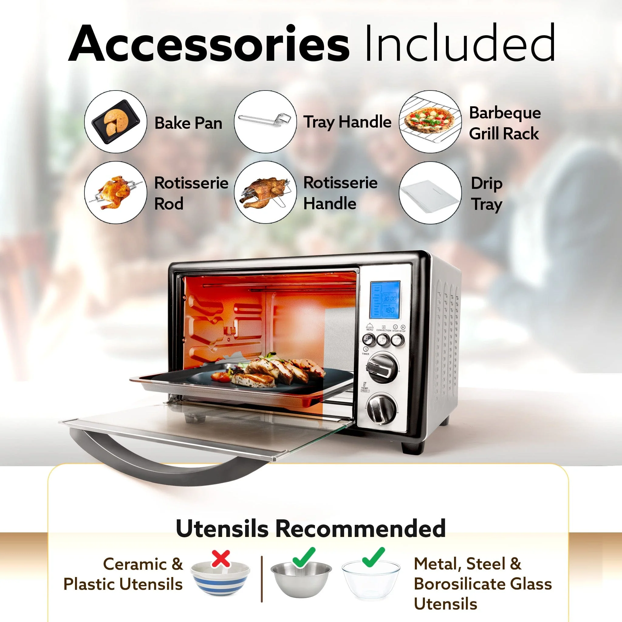 Imperial 30L Digital OTG, Convection Oven Toaster Griller with 9 Preset Cooking Modes, Motorized Rotisserie, Backlit LCD, for Baking, Grilling & Toasting, Silver - Image 5