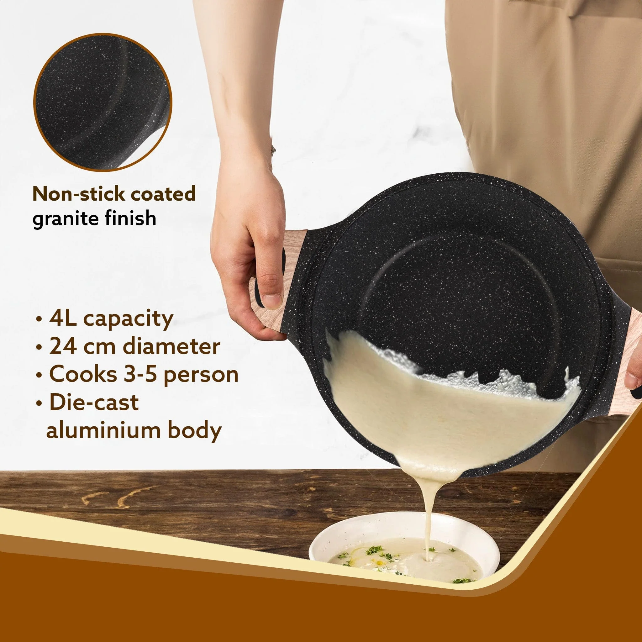 Imperial Granite Non Stick Casserole with Glass Lid, 4L/24cm, Cast Aluminium Body, Stew Pot, Biriyani Pot,  Sauce Pot, Gas & Induction Compatible, Dark Grey - Image 2