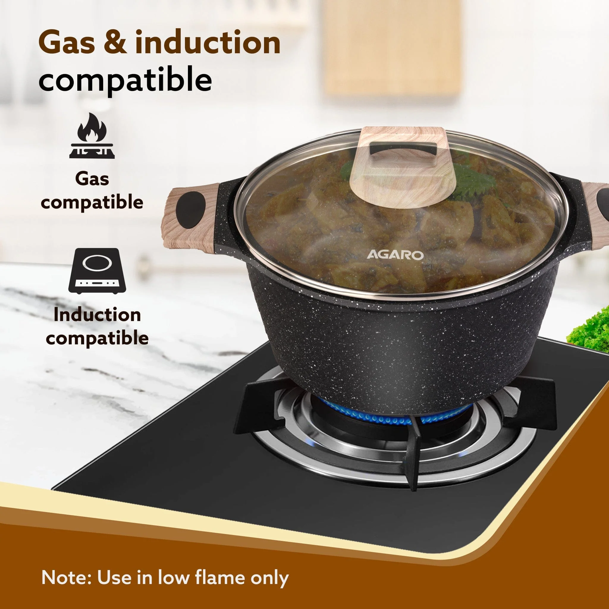 Imperial Granite Non Stick Casserole with Glass Lid, 4L/24cm, Cast Aluminium Body, Stew Pot, Biriyani Pot,  Sauce Pot, Gas & Induction Compatible, Dark Grey - Image 3