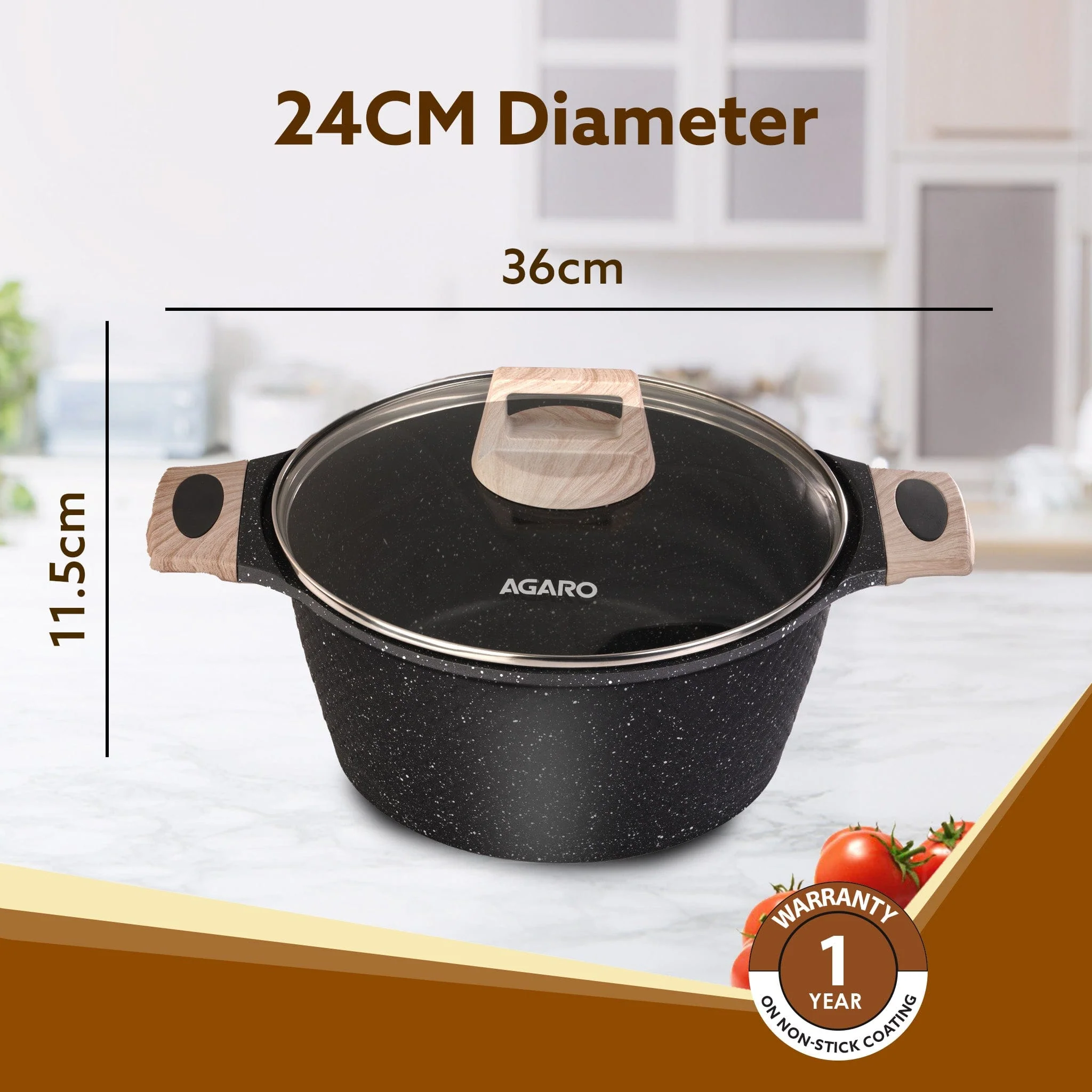 Imperial Granite Non Stick Casserole with Glass Lid, 4L/24cm, Cast Aluminium Body, Stew Pot, Biriyani Pot,  Sauce Pot, Gas & Induction Compatible, Dark Grey - Image 6