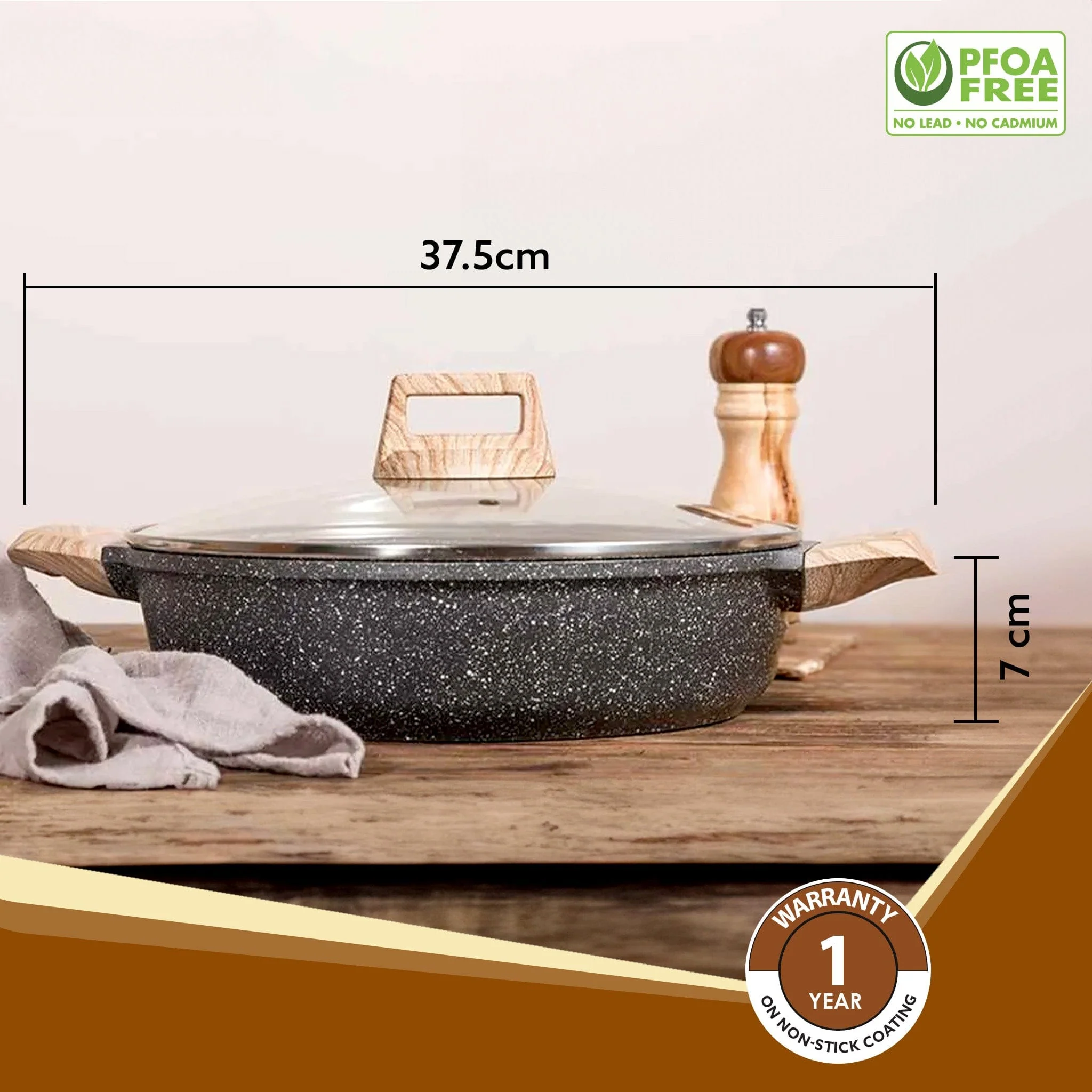 Imperial Granite Non Stick Kadai with Glass Lid, 2.8L / 24cm, Kadai ,Deep Frying Pan, Biryani Pot, Cast Aluminium Body, Gas & Induction Compatible, Dark Grey - Image 6