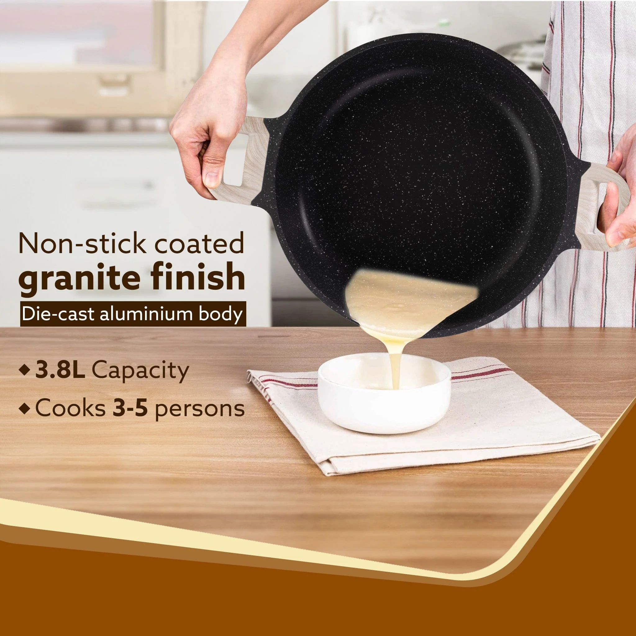 Imperial Granite Non Stick Kadhai with Glass Lid, 3.8L / 28cm,Kadai , Deep Frying Pan, Biryani Pot, Cast Aluminium Body, Gas & Induction Compatible, Dark Grey - Image 2