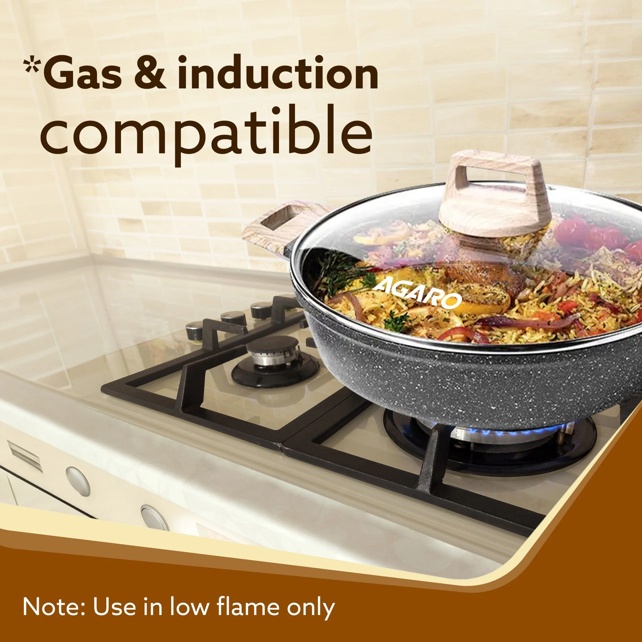 Imperial Granite Non Stick Kadhai with Glass Lid, 3.8L / 28cm,Kadai , Deep Frying Pan, Biryani Pot, Cast Aluminium Body, Gas & Induction Compatible, Dark Grey - Image 3